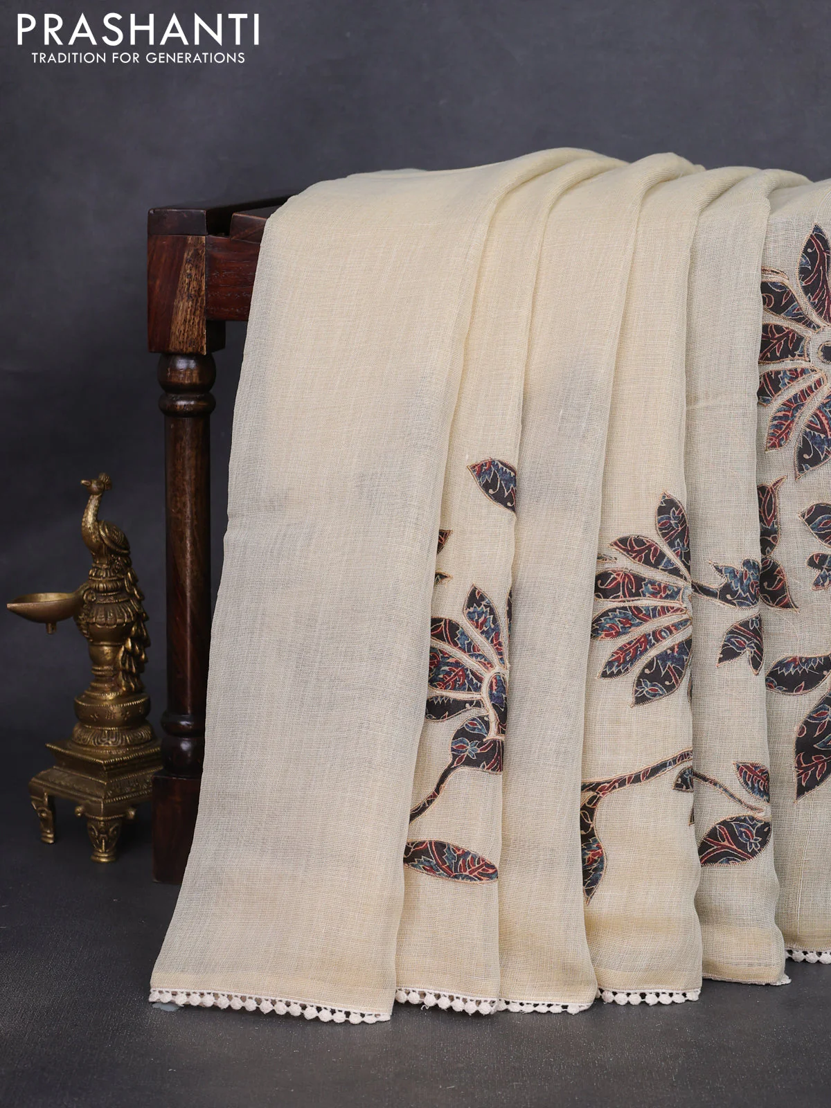 Semi linen tissue saree cream and black with kalamkari applique work and crocia lace work border - Image 3