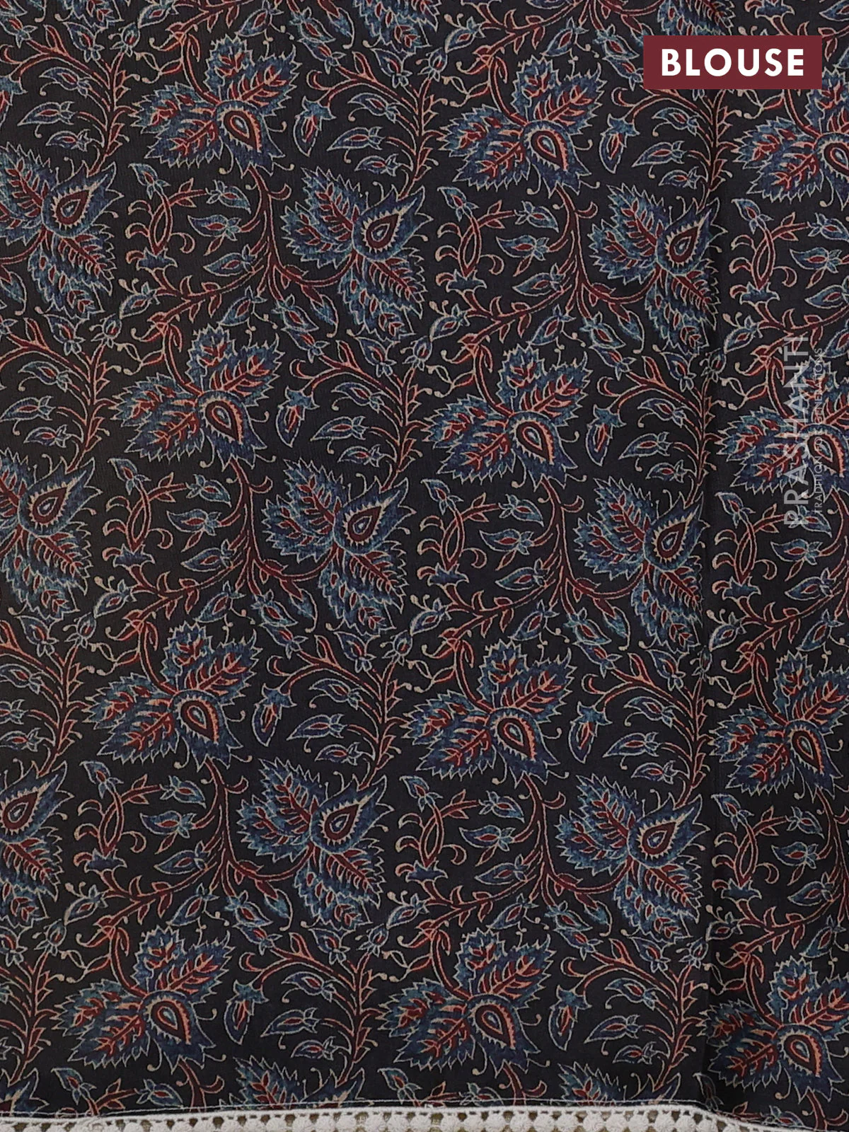 Semi linen tissue saree cream and black with kalamkari applique work and crocia lace work border - Image 4