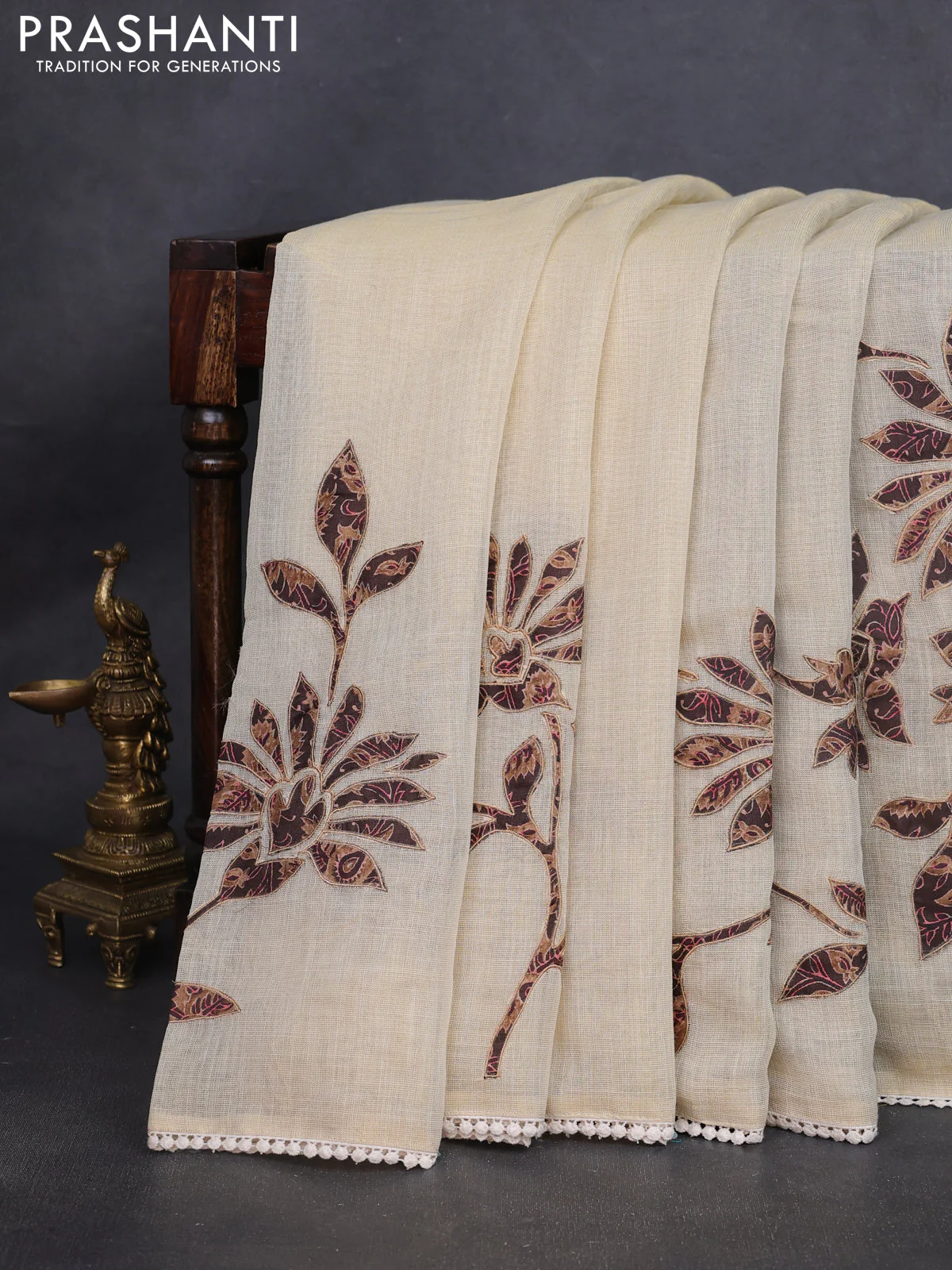 Semi linen tissue saree cream and coffee brown with kalamkari applique work and crocia lace work border - Image 3