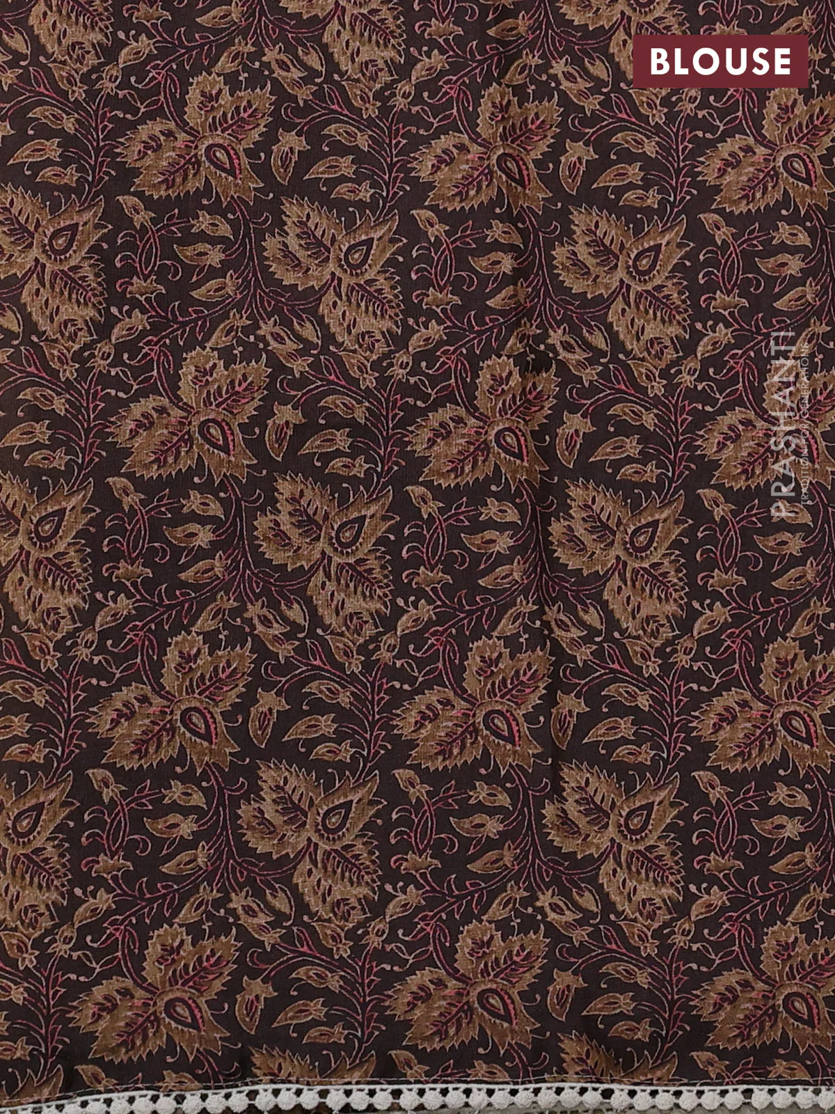 Semi linen tissue saree cream and coffee brown with kalamkari applique work and crocia lace work border - Image 4