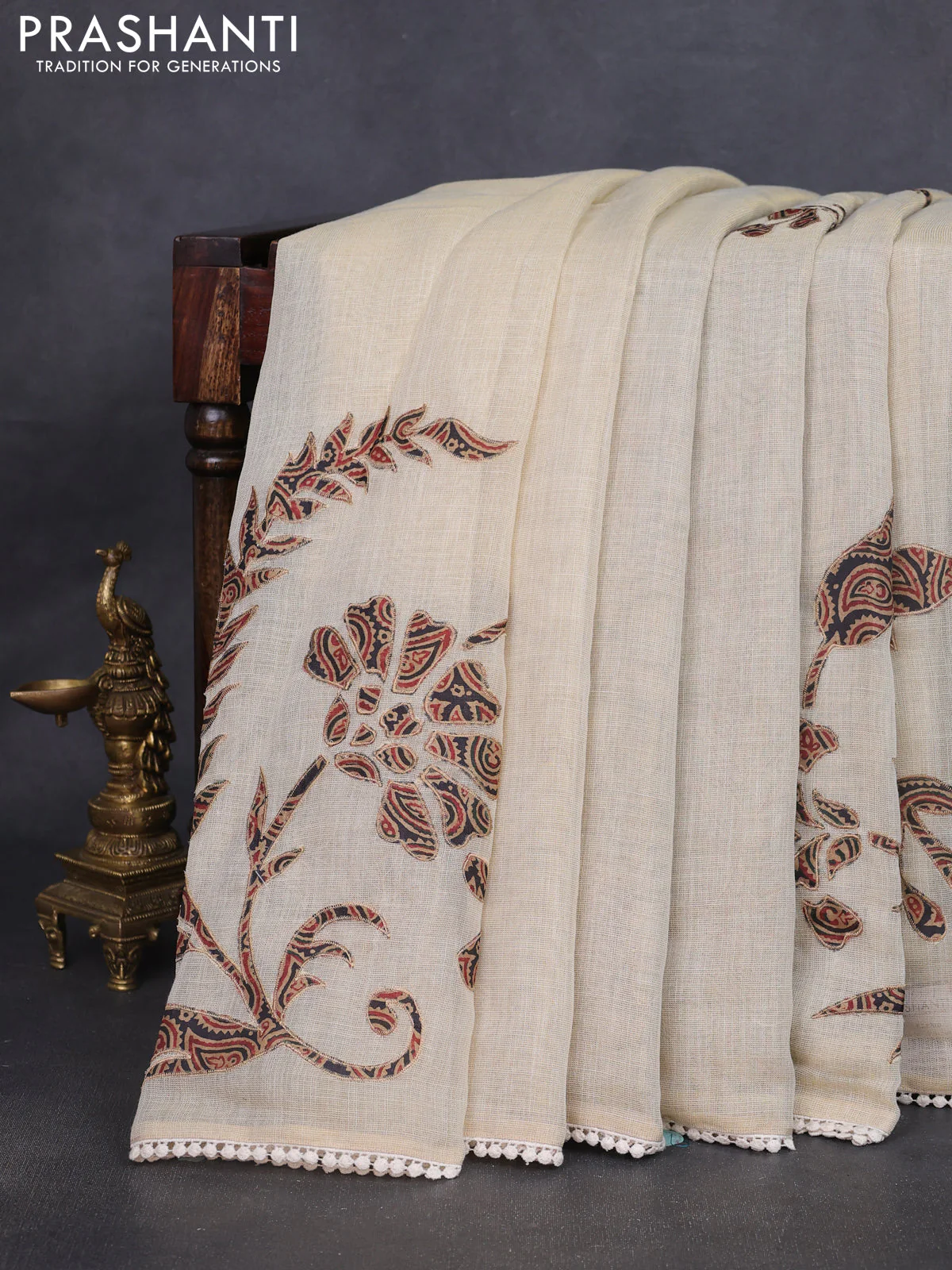Semi linen tissue saree cream and deep jamun with applique work and crocia lace work border - Image 3