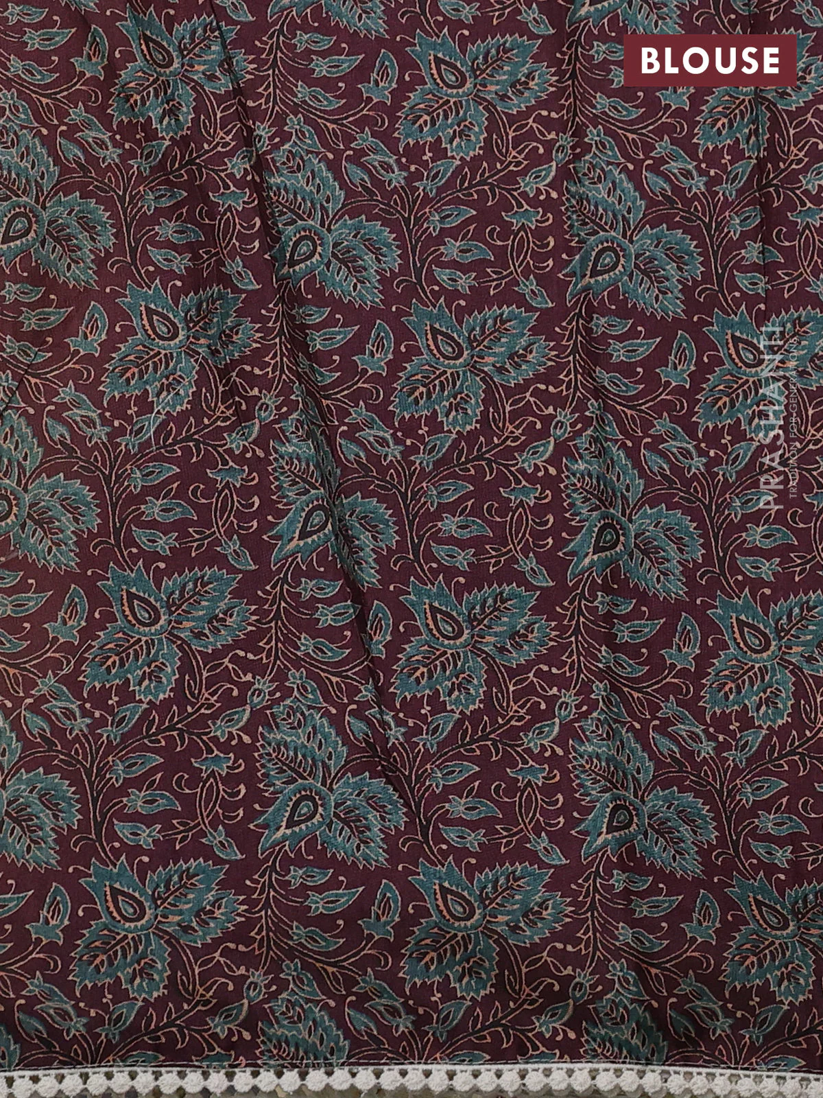 Semi linen tissue saree cream and deep maroon with kalamkari applique work and crocia lace work border - Image 4