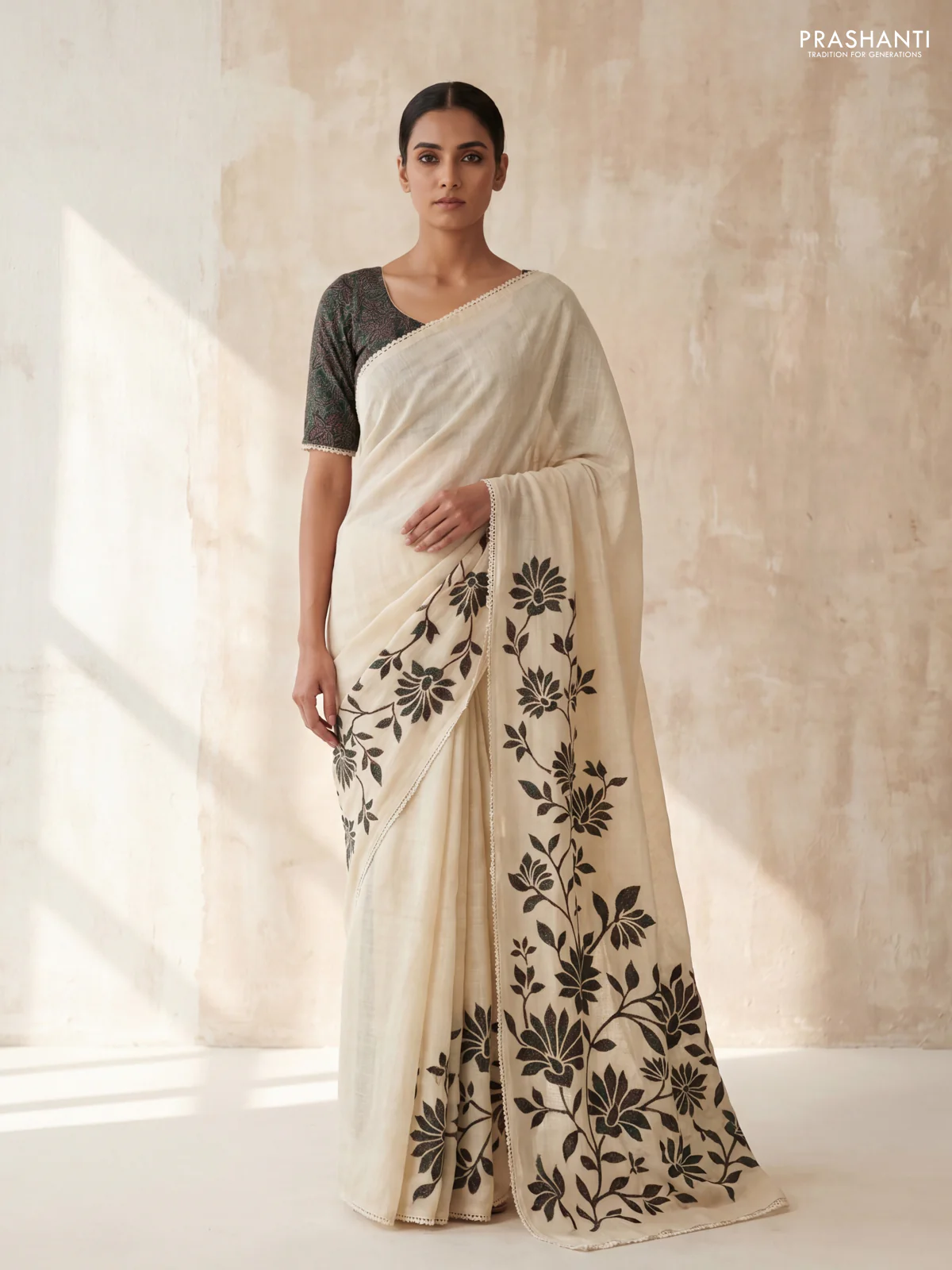 Semi linen tissue saree cream and green with kalamkari applique work and crocia lace work border
