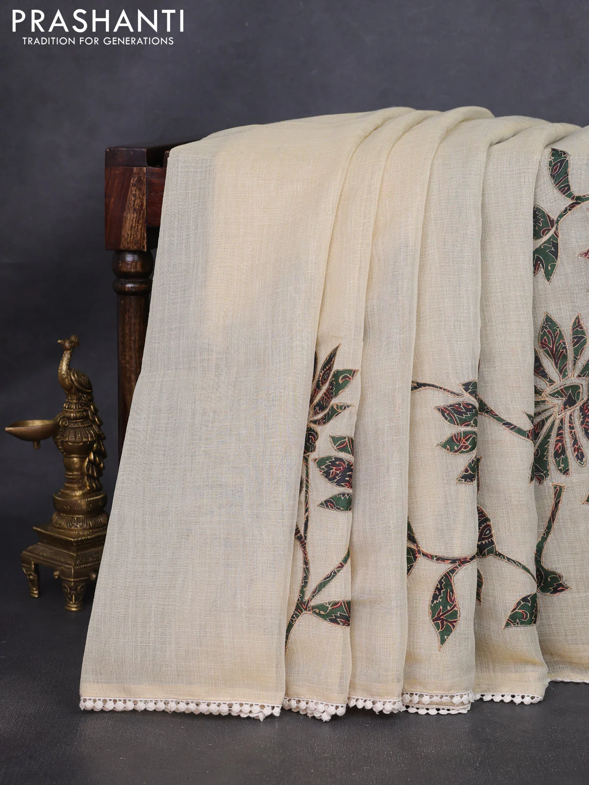 Semi linen tissue saree cream and green with kalamkari applique work and crocia lace work border - Image 3
