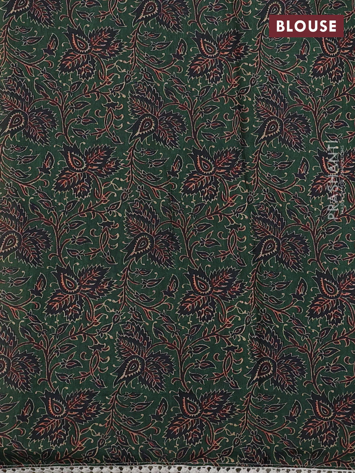 Semi linen tissue saree cream and green with kalamkari applique work and crocia lace work border - Image 4