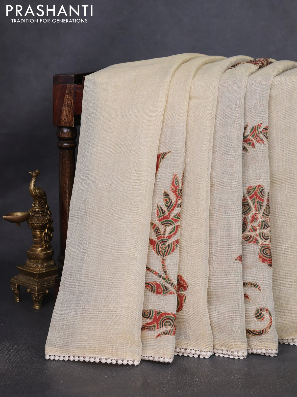 Semi linen tissue saree cream and rustic orange with applique work and crocia lace work border - Image 3