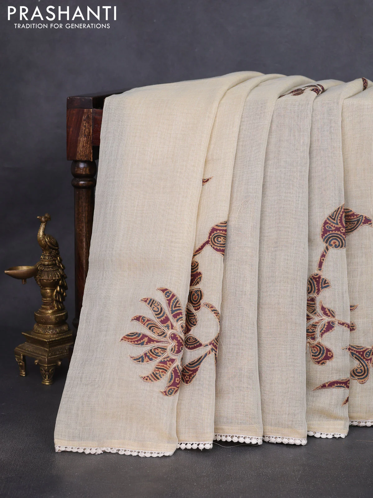 Semi linen tissue saree cream and wine shade with applique work and crocia lace work border - Image 3