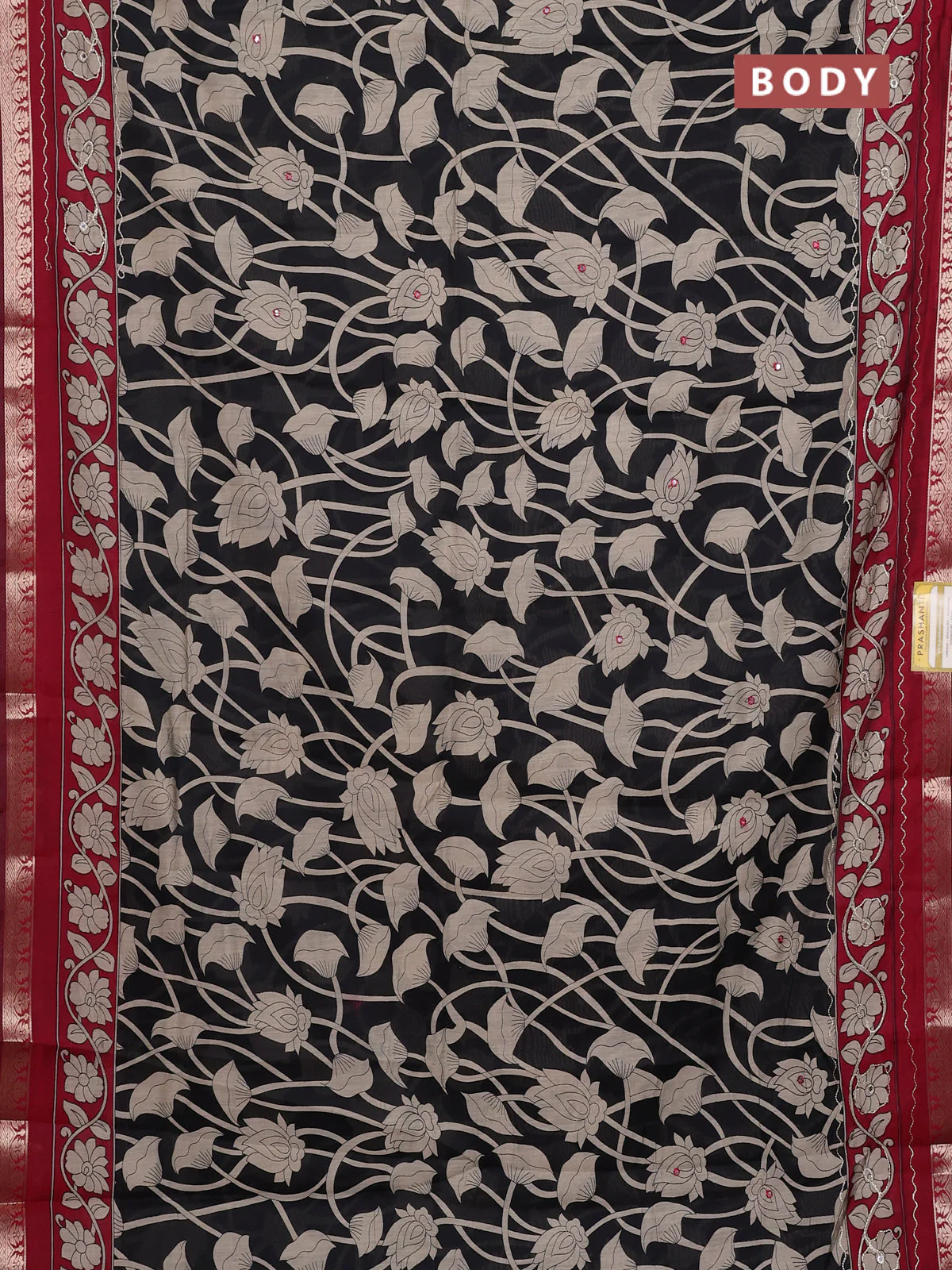 Semi maheshwari cotton saree black and maroon with allover prints & mirror work and zari woven embroidery work - Image 2