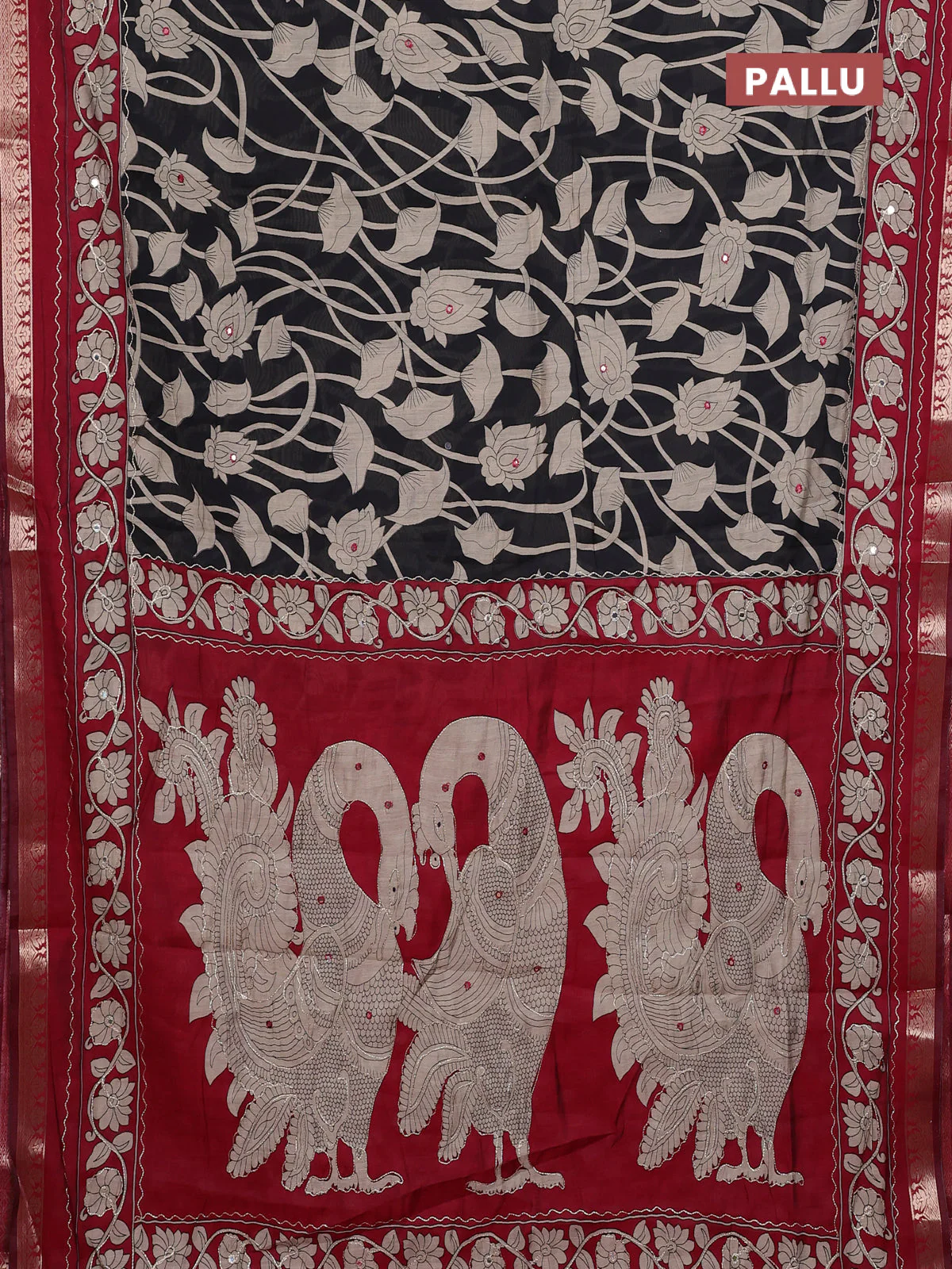 Semi maheshwari cotton saree black and maroon with allover prints & mirror work and zari woven embroidery work - Image 3