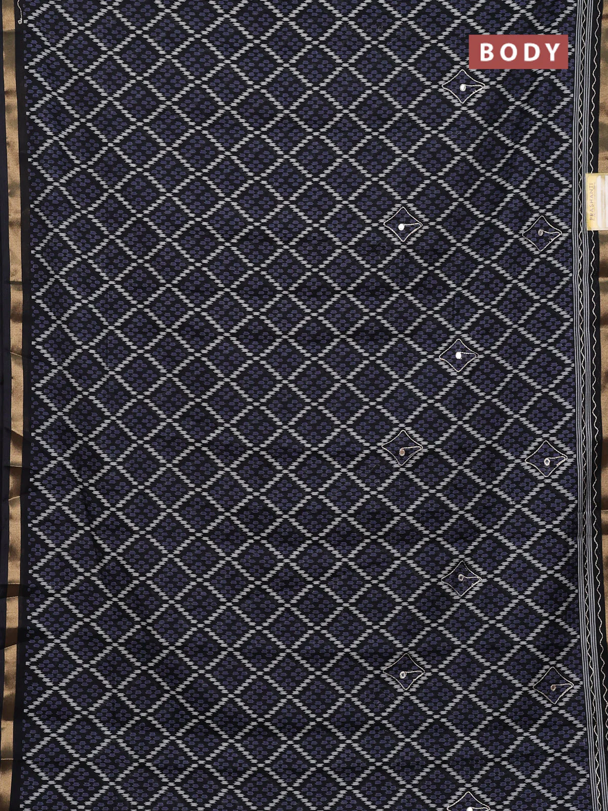 Semi maheshwari cotton saree black with allover ikat woven mirror work and zari woven embroidery work - Image 2