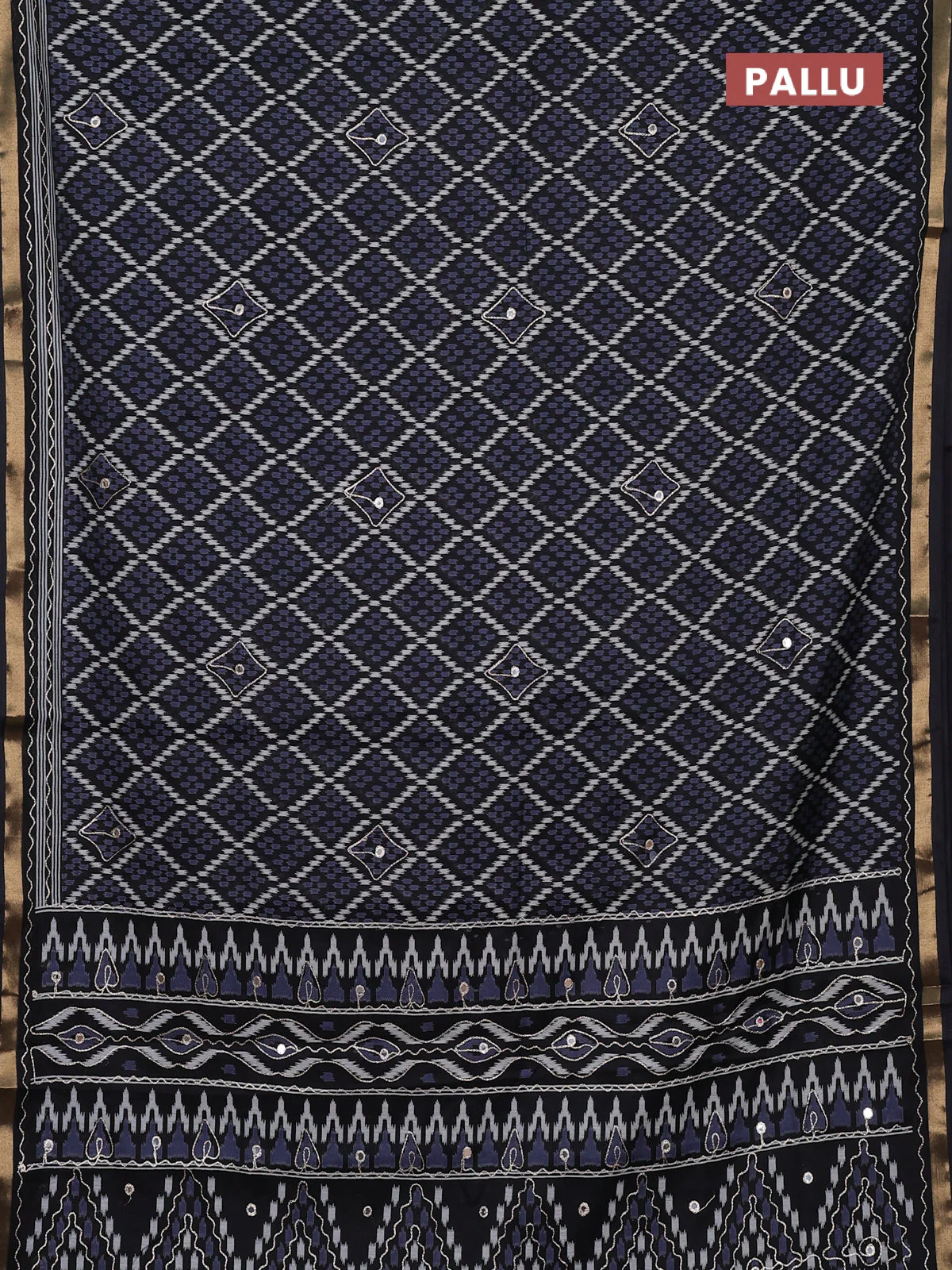 Semi maheshwari cotton saree black with allover ikat woven mirror work and zari woven embroidery work - Image 3