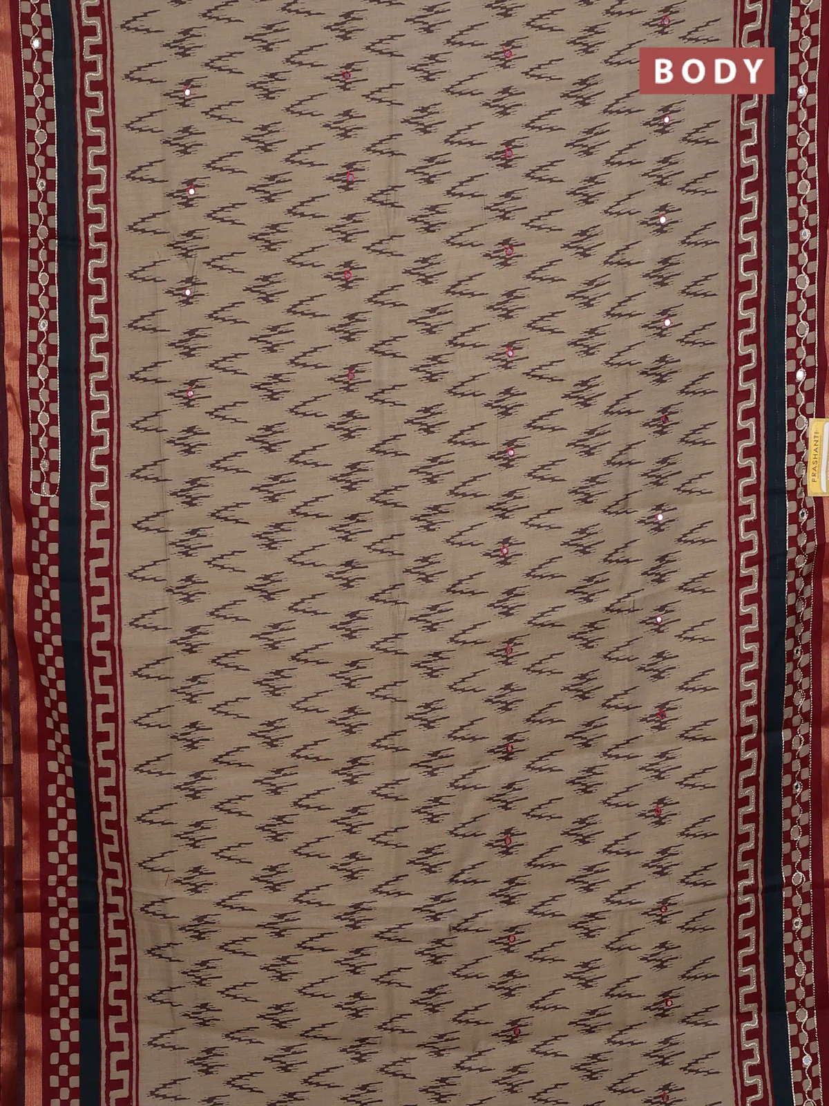 Semi maheshwari cotton saree chikku shade and maroon with allover ikat weaves & mirror work and mirror embroidery zari woven border - Image 2