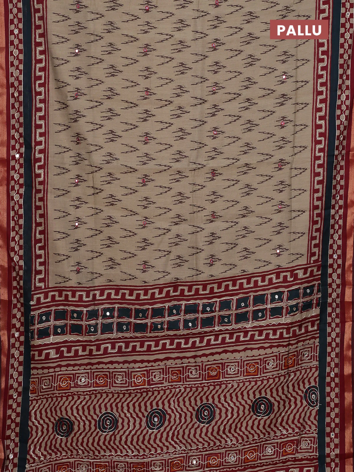 Semi maheshwari cotton saree chikku shade and maroon with allover ikat weaves & mirror work and mirror embroidery zari woven border - Image 3