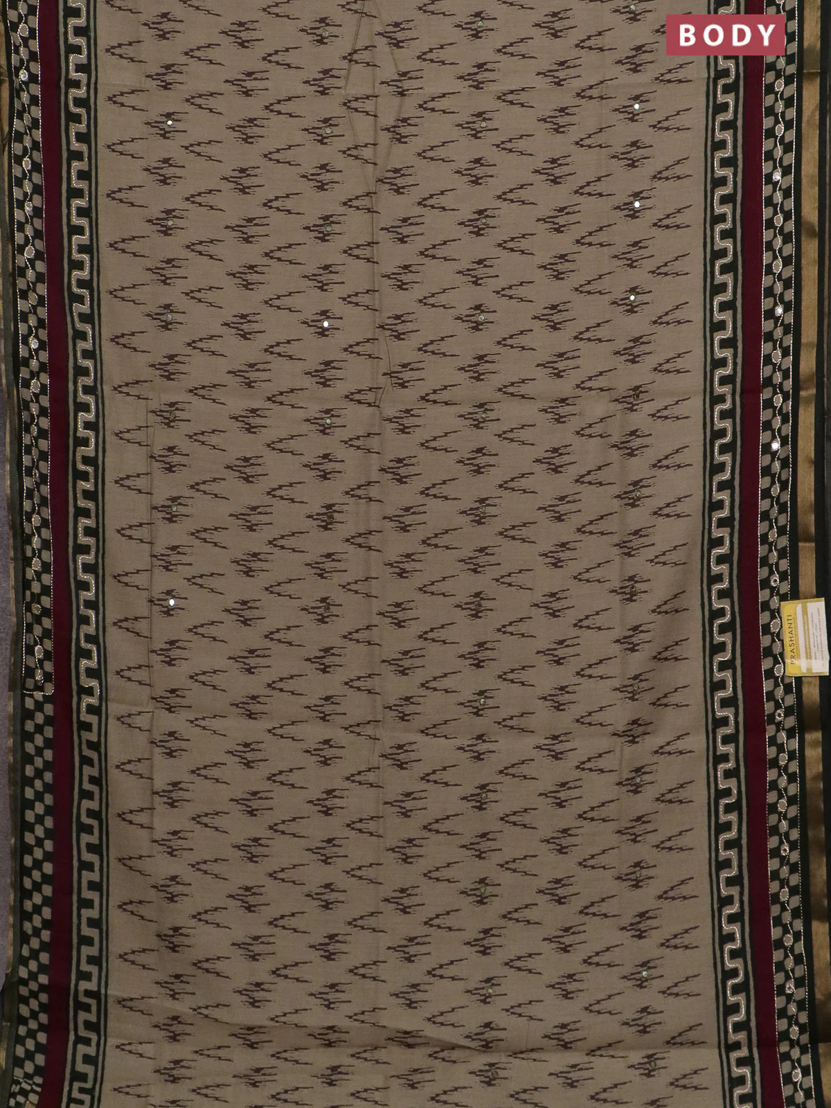 Semi maheshwari cotton saree chikku shade and sap green with allover ikat weaves & mirror work and mirror embroidery zari woven border - Image 2