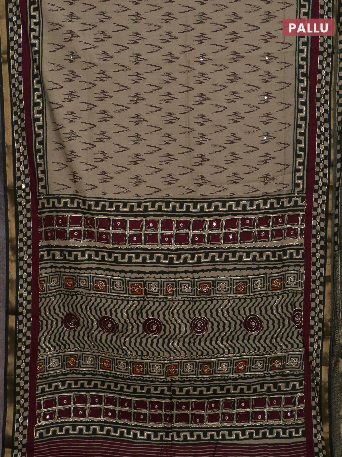 Semi maheshwari cotton saree chikku shade and sap green with allover ikat weaves & mirror work and mirror embroidery zari woven border - Image 3