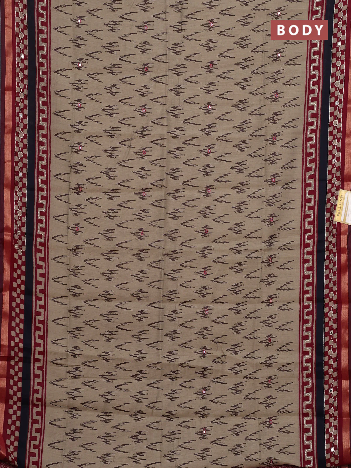 Semi maheshwari cotton saree chikku shade and wine shade with allover ikat weaves & mirror work and mirror embroidery zari woven border - Image 2