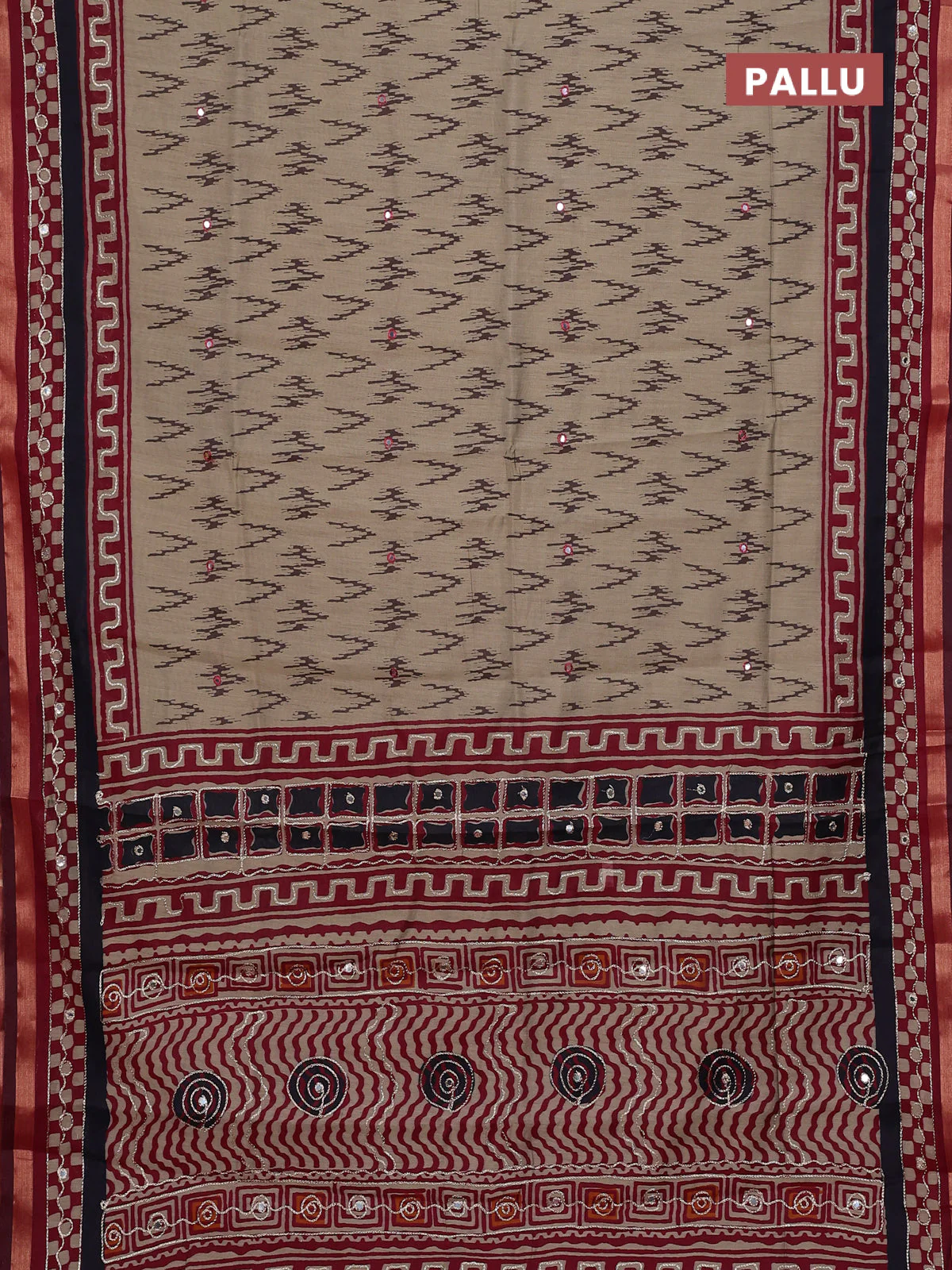 Semi maheshwari cotton saree chikku shade and wine shade with allover ikat weaves & mirror work and mirror embroidery zari woven border - Image 3
