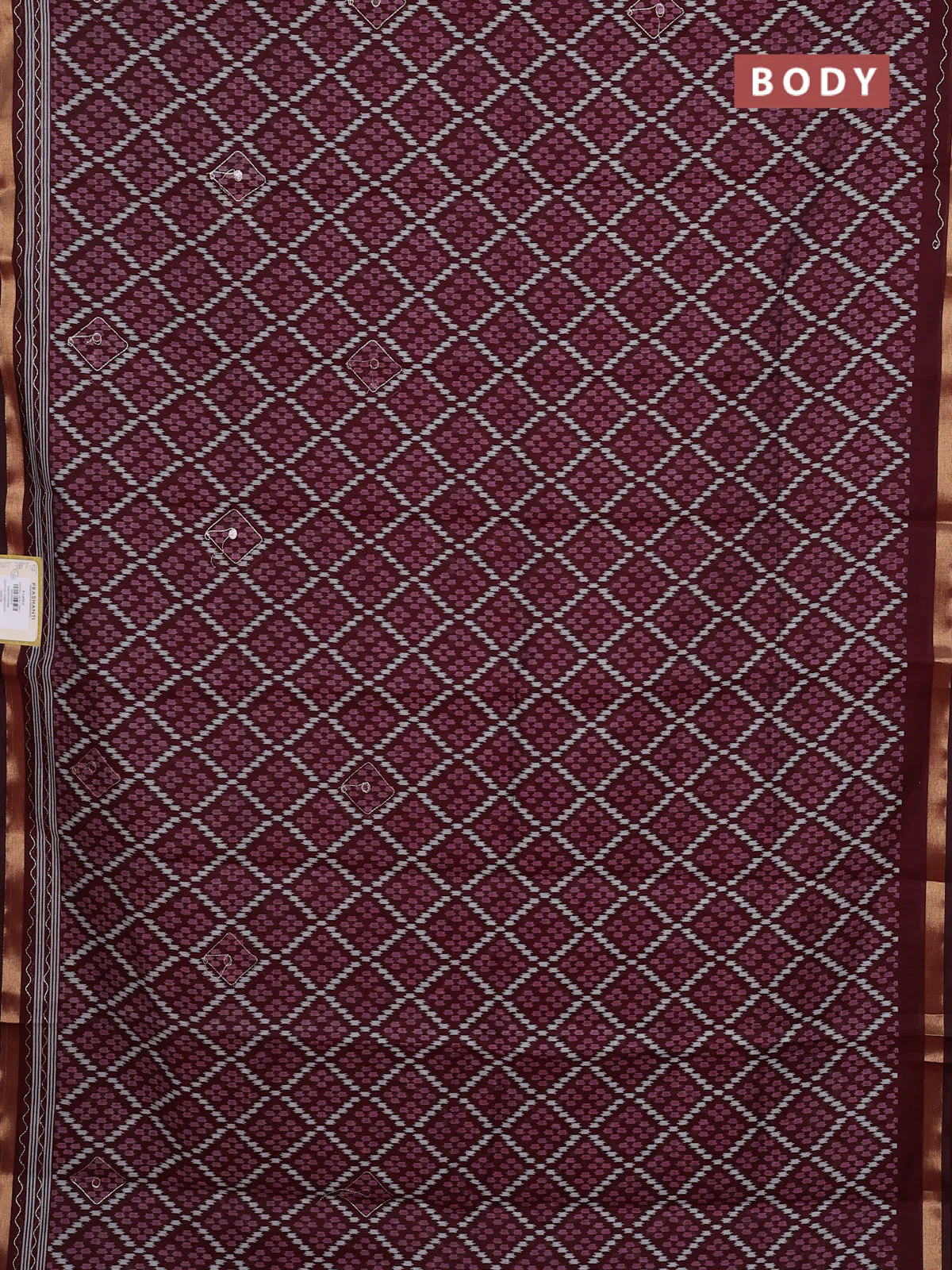 Semi maheshwari cotton saree deep maroon with allover ikat woven mirror work and zari woven embroidery work - Image 2