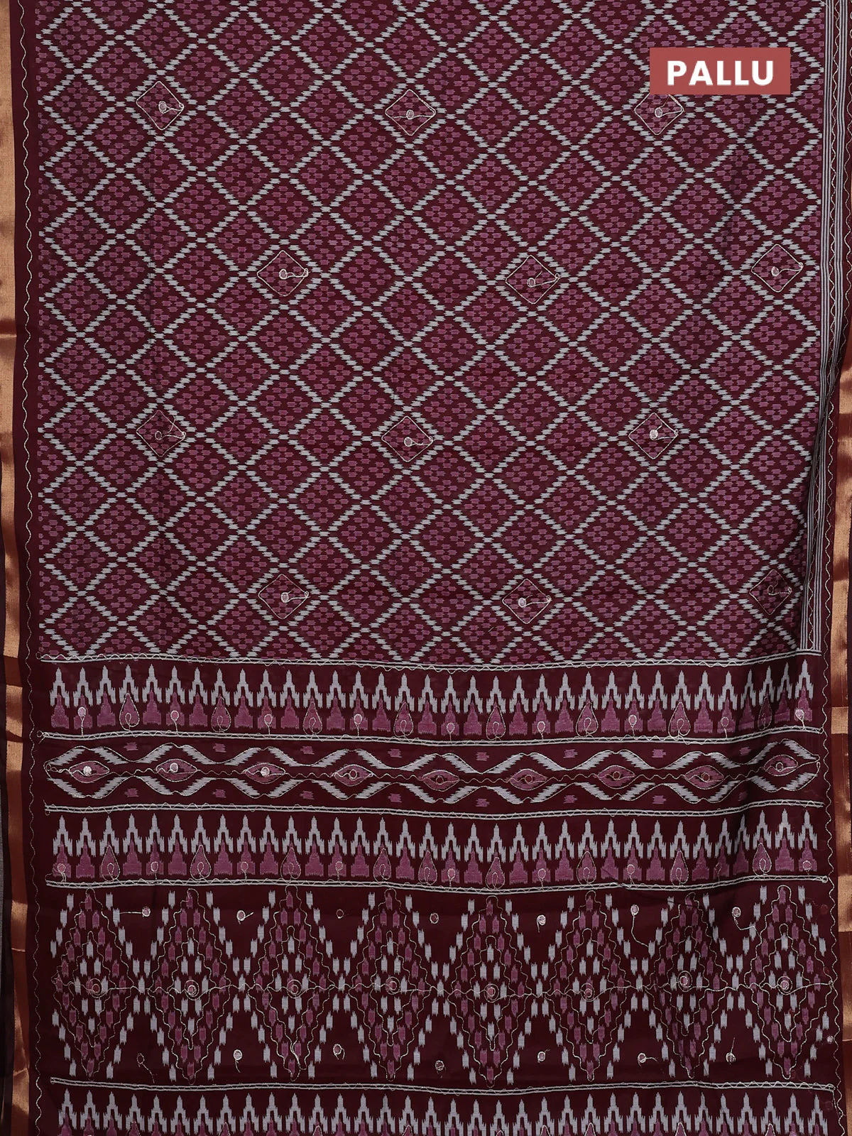 Semi maheshwari cotton saree deep maroon with allover ikat woven mirror work and zari woven embroidery work - Image 3