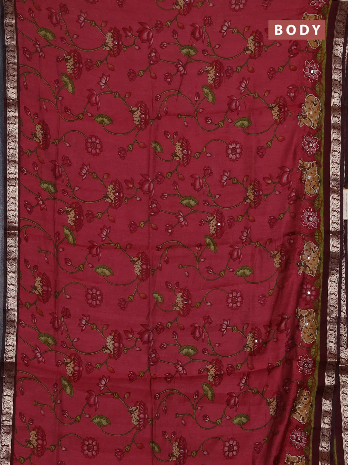 Semi maheshwari cotton saree mauve pink and deep maroon with allover pichwai embroidery work and zari woven border - Image 2