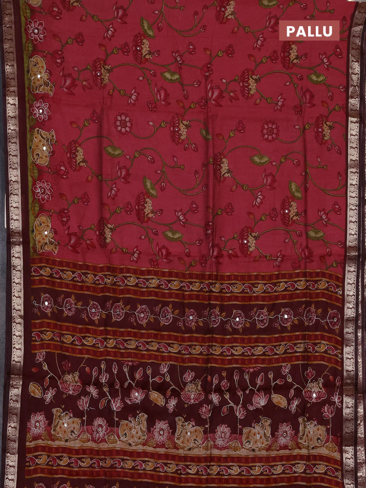 Semi maheshwari cotton saree mauve pink and deep maroon with allover pichwai embroidery work and zari woven border - Image 3