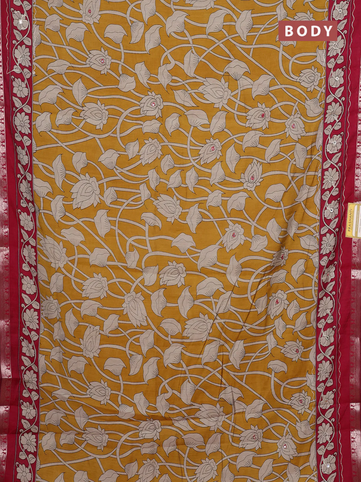 Semi maheshwari cotton saree mustard yellow and maroon with allover prints & mirror work and zari woven embroidery work - Image 2