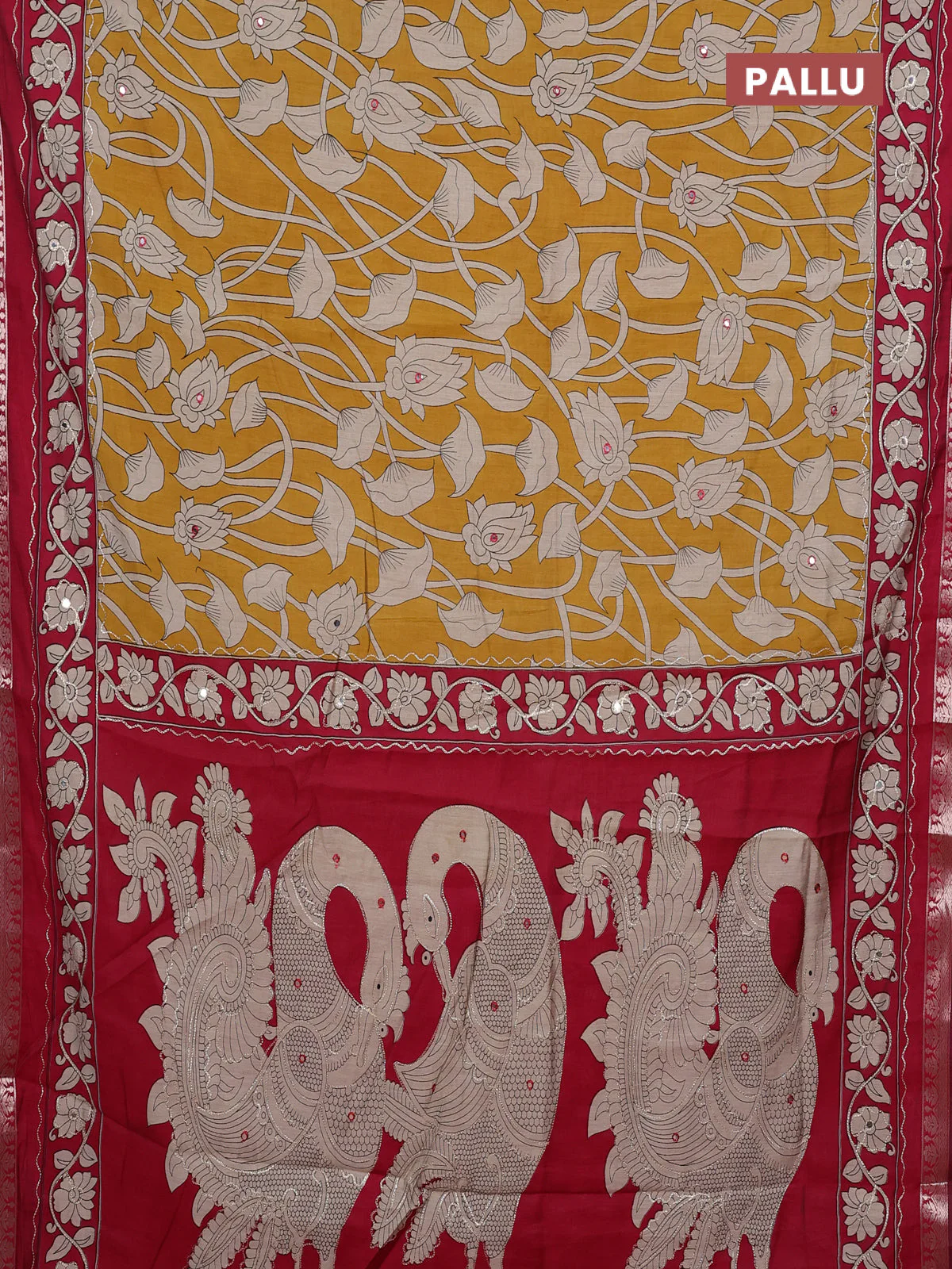 Semi maheshwari cotton saree mustard yellow and maroon with allover prints & mirror work and zari woven embroidery work - Image 3
