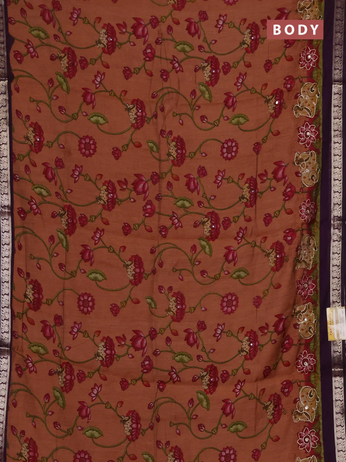Semi maheshwari cotton saree rust shade and wine shade with allover pichwai embroidery work and zari woven border - Image 2