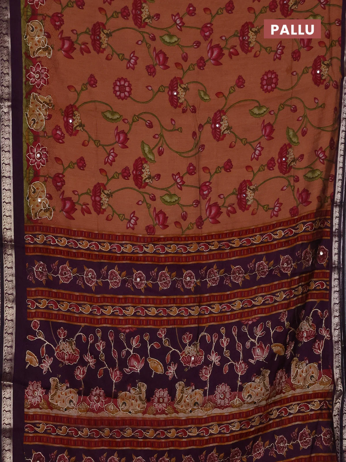 Semi maheshwari cotton saree rust shade and wine shade with allover pichwai embroidery work and zari woven border - Image 3