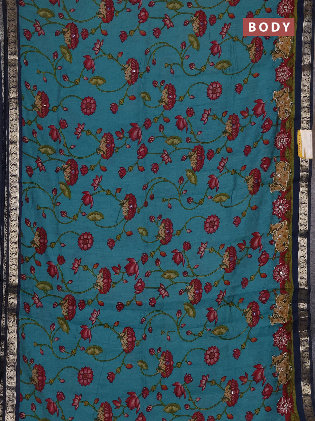 Semi maheshwari cotton saree teal shade and peacock blue with allover pichwai embroidery work and zari woven border - Image 2