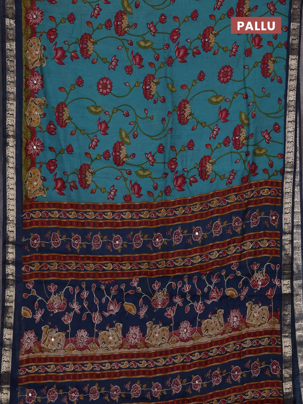 Semi maheshwari cotton saree teal shade and peacock blue with allover pichwai embroidery work and zari woven border - Image 3