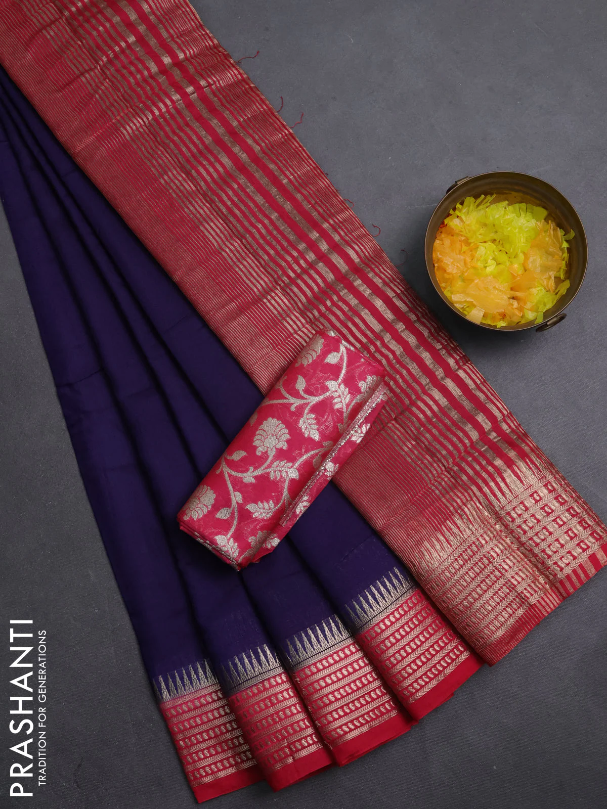 Semi mangalgiri saree dark blue and pink with plain body and zari woven border
