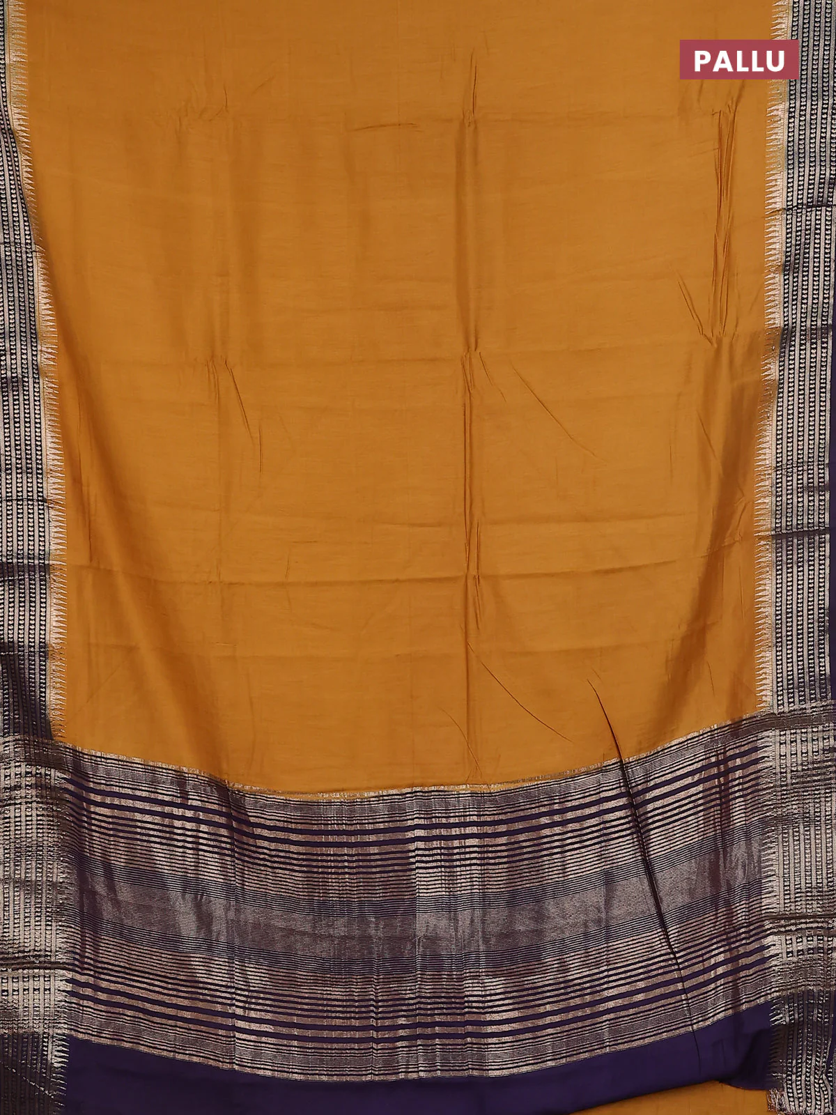 Semi mangalgiri saree dark mustard and deep purple with plain body and zari woven border - Image 3