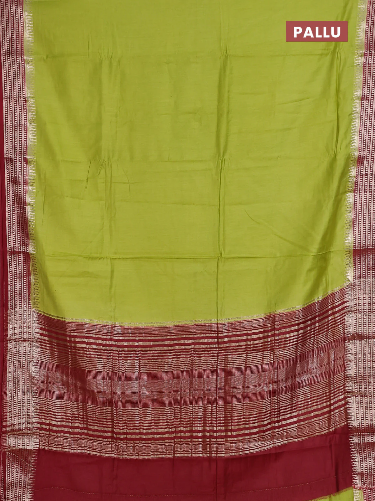 Semi mangalgiri saree light green and maroon with plain body and zari woven border - Image 3