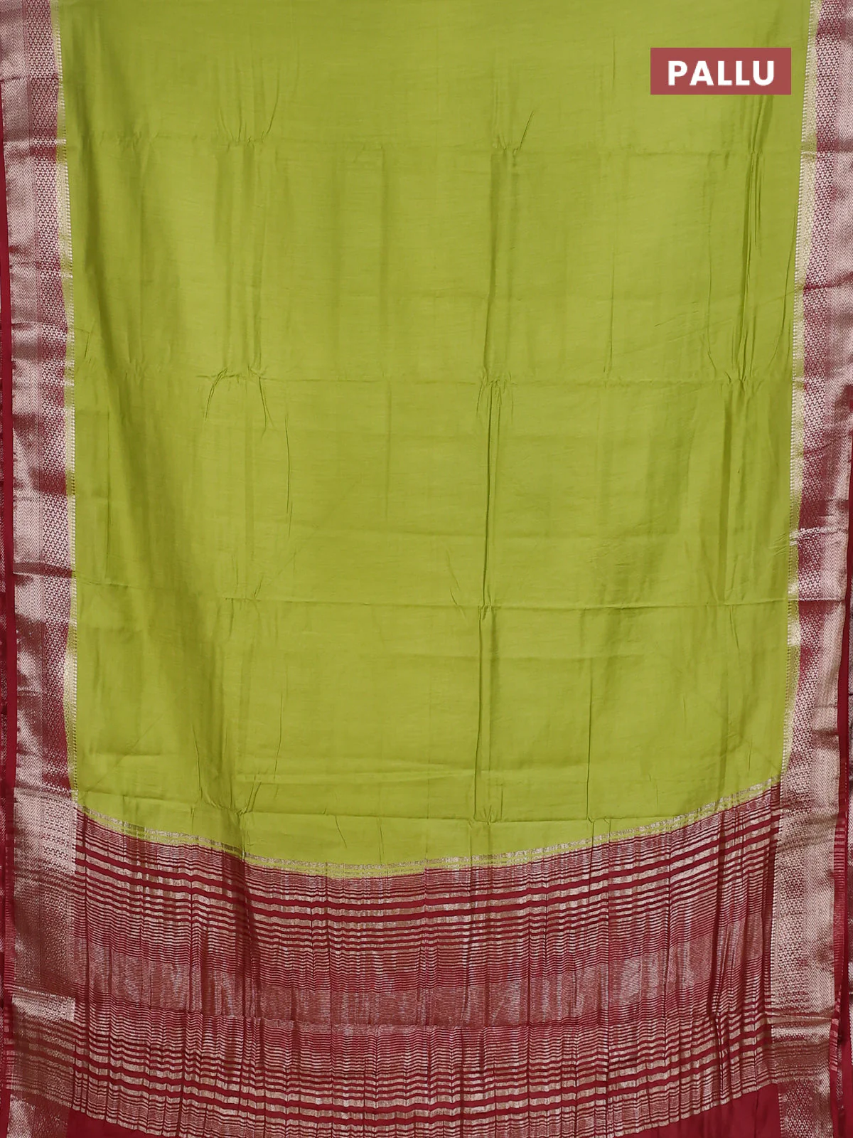 Semi mangalgiri saree light green and maroon with plain body and zari woven border - Image 3