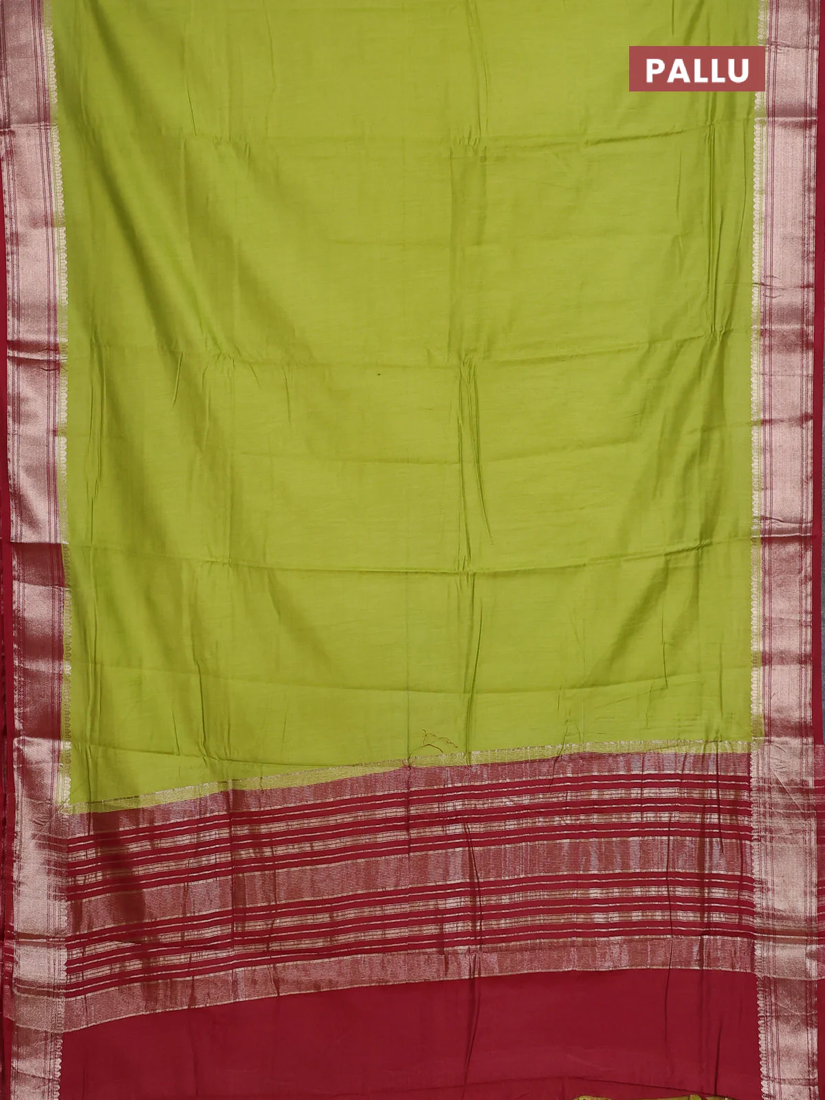 Semi mangalgiri saree light green and maroon with plain body and zari woven border - Image 3