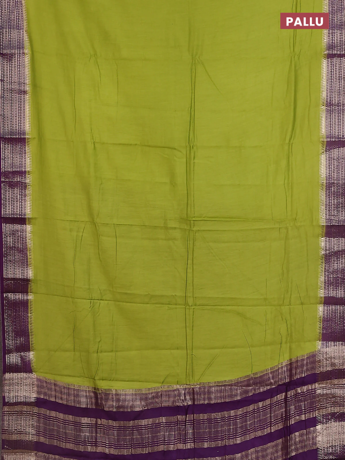 Semi mangalgiri saree lime green and purple with plain body and zari woven border - Image 3