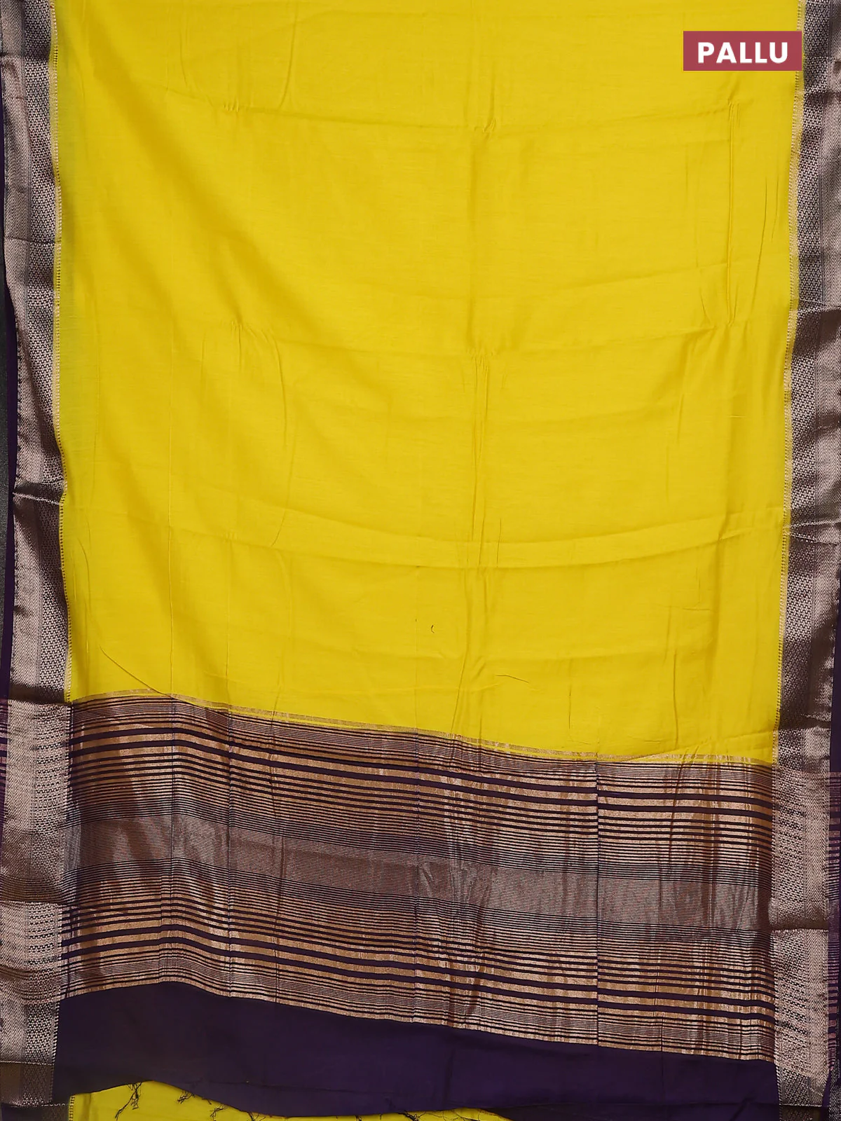 Semi mangalgiri saree lime yellow and purple with plain body and zari woven border - Image 3