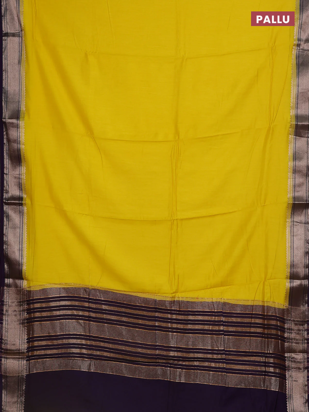 Semi mangalgiri saree lime yellow and violet with plain body and zari woven border - Image 3