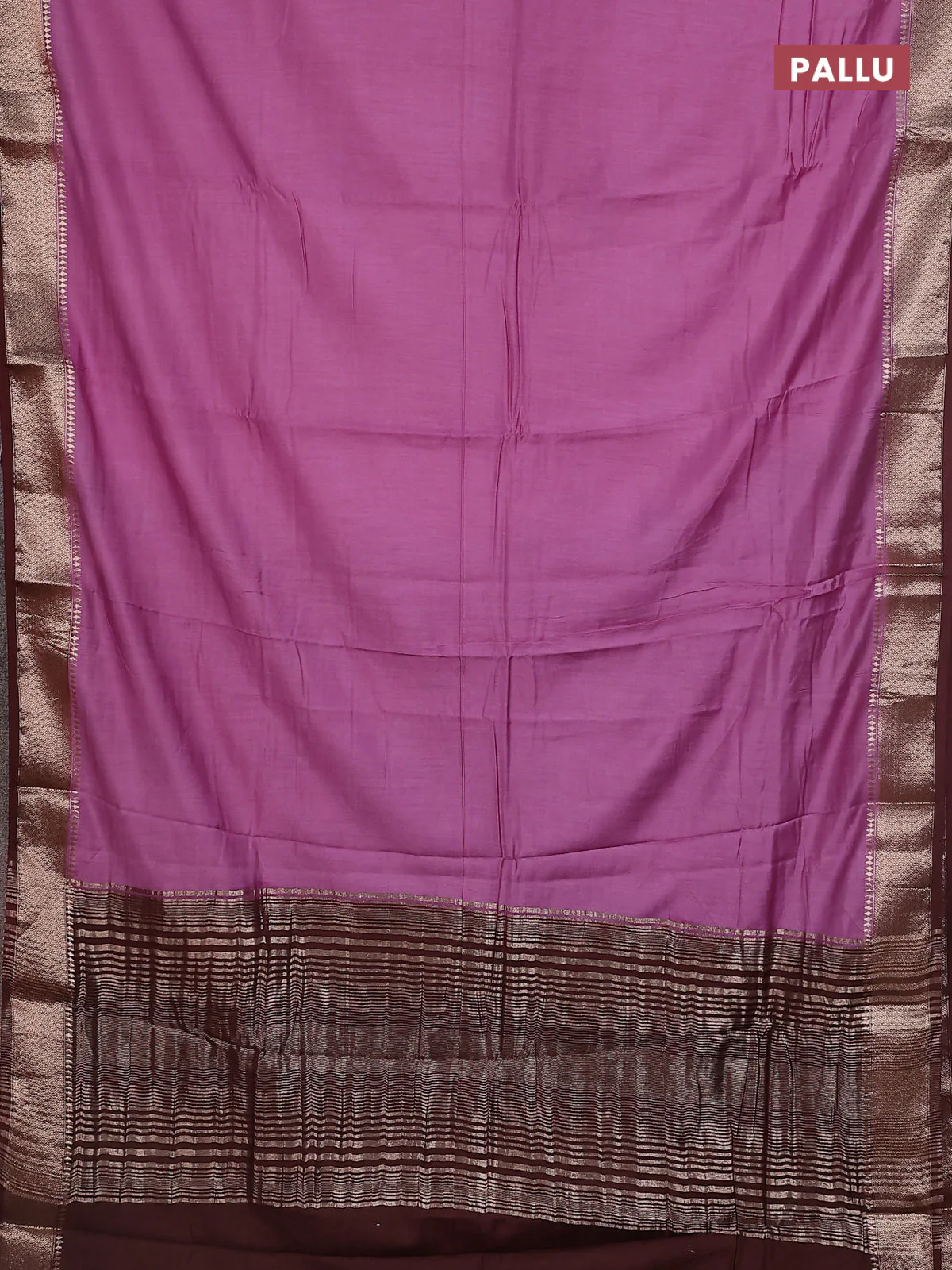 Semi mangalgiri saree mauve pink and brown with plain body and zari woven border - Image 3