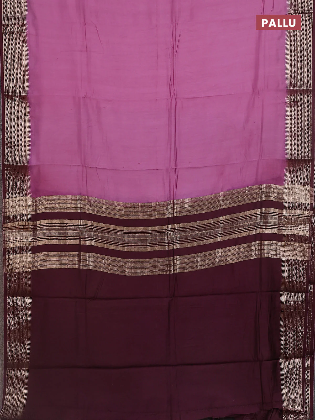 Semi mangalgiri saree mauve pink and brown with plain body and zari woven border - Image 3