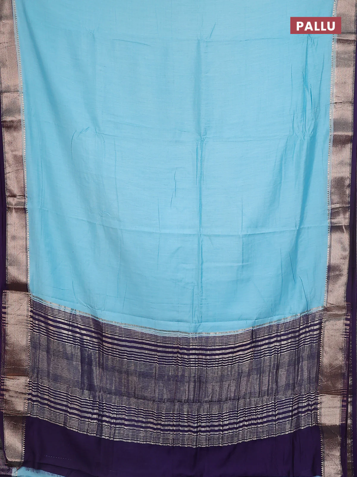 Semi mangalgiri saree pastel blue and blue with plain body and zari woven border - Image 3