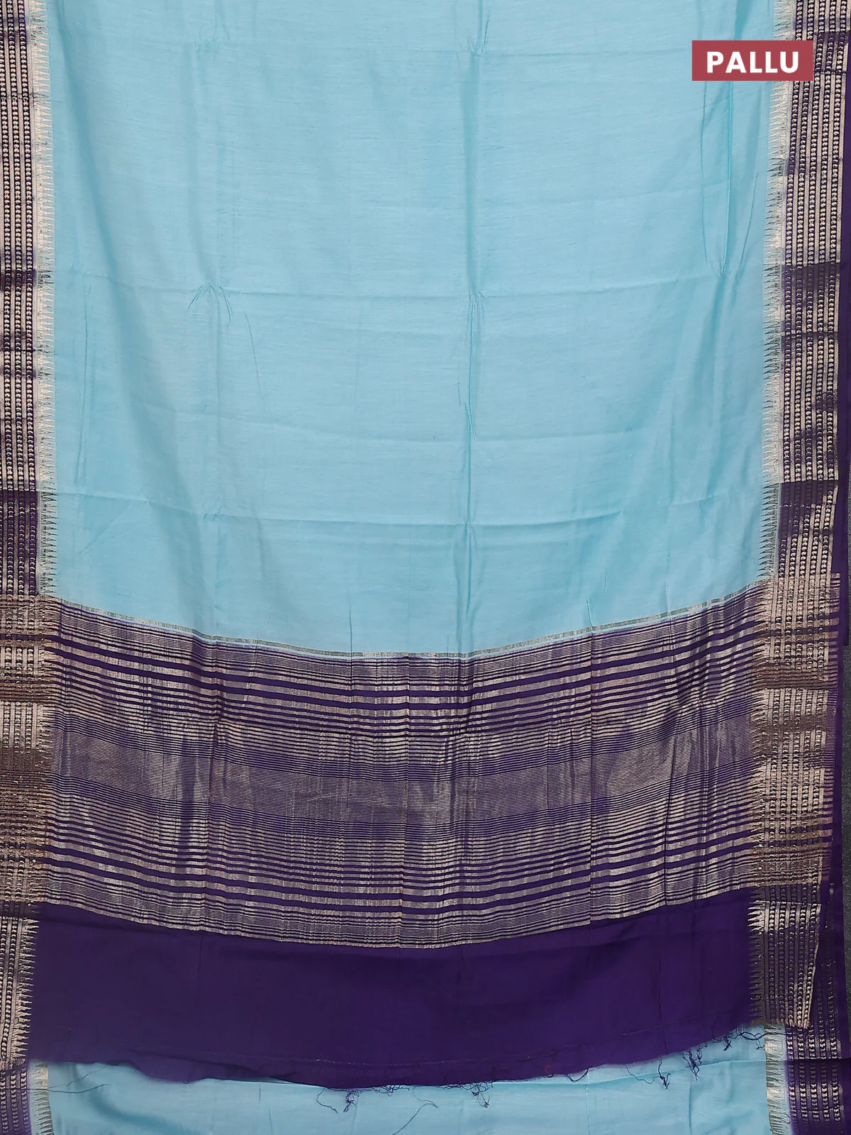 Semi mangalgiri saree pastel blue and violet with plain body and zari woven border - Image 3