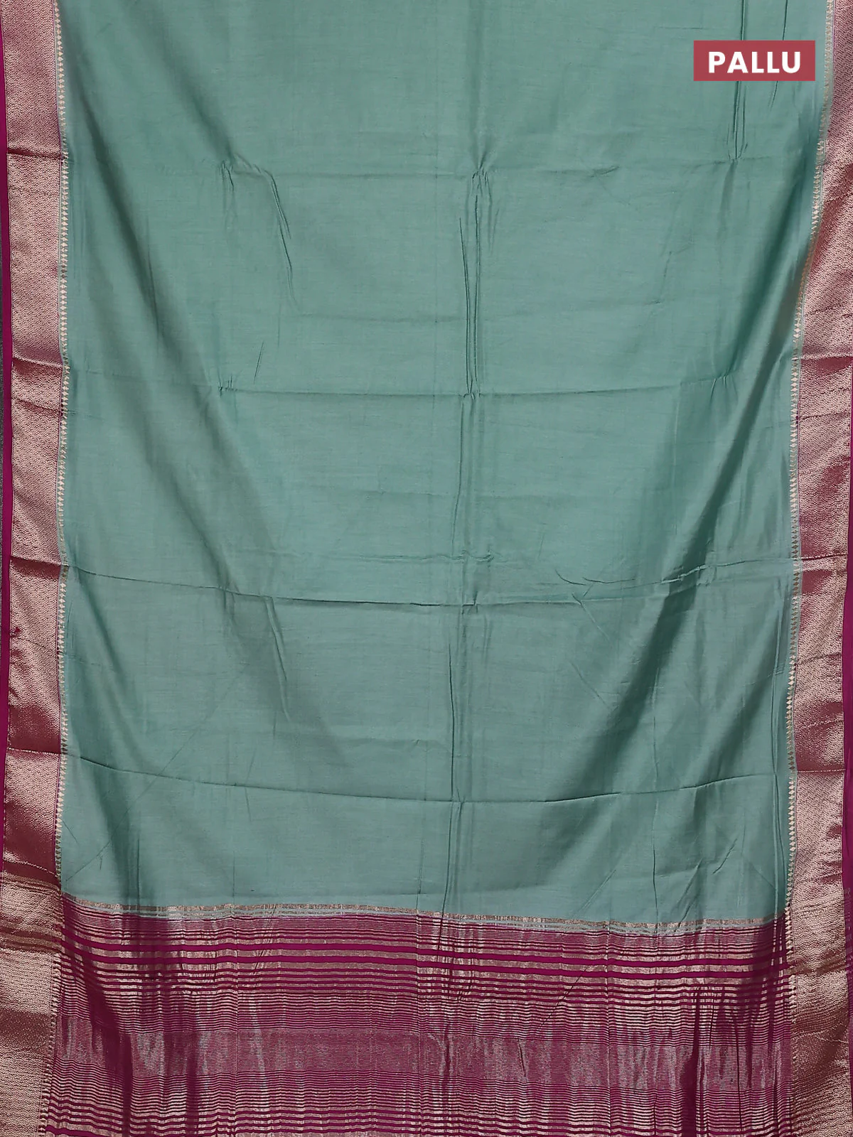 Semi mangalgiri saree pastel green and magenta pink with plain body and zari woven border - Image 3