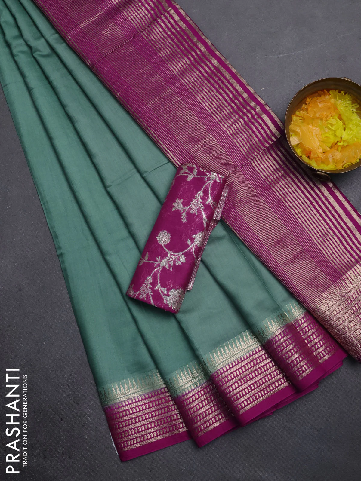 Semi mangalgiri saree pastel green and purple shade with plain body and zari woven border