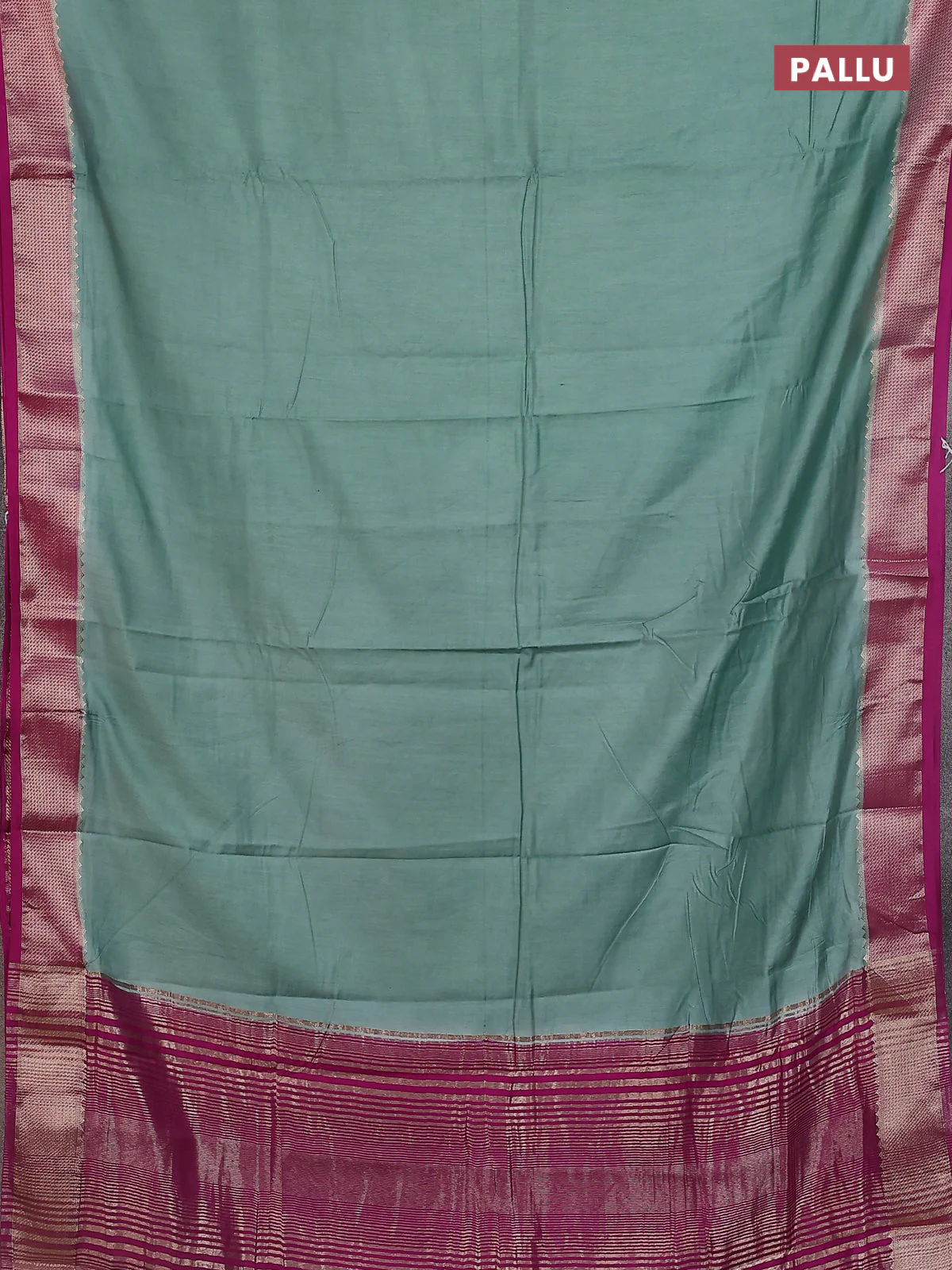Semi mangalgiri saree pastel green and purple with plain body and zari woven border - Image 3