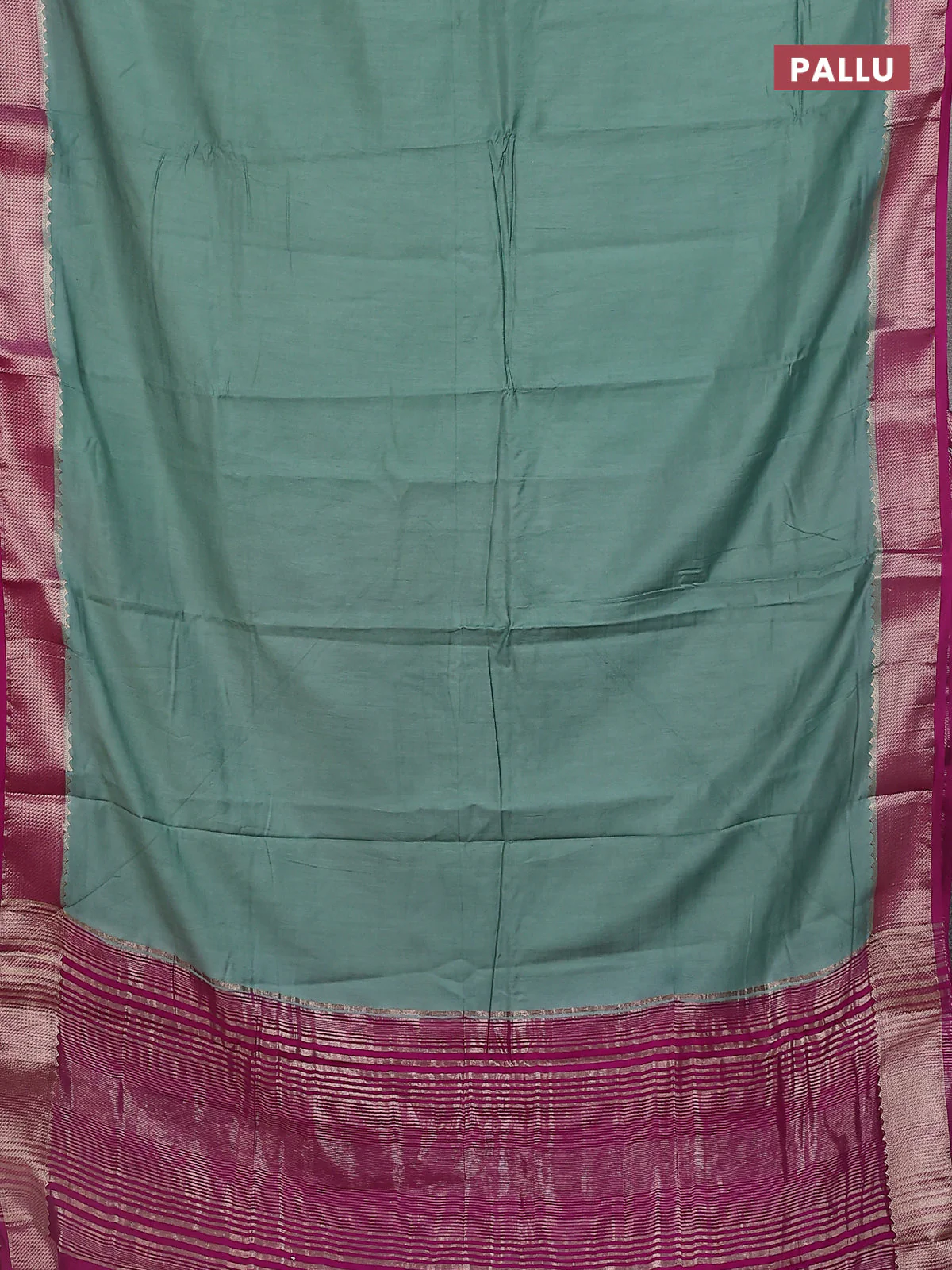 Semi mangalgiri saree pastel green and purple with plain body and zari woven border - Image 3
