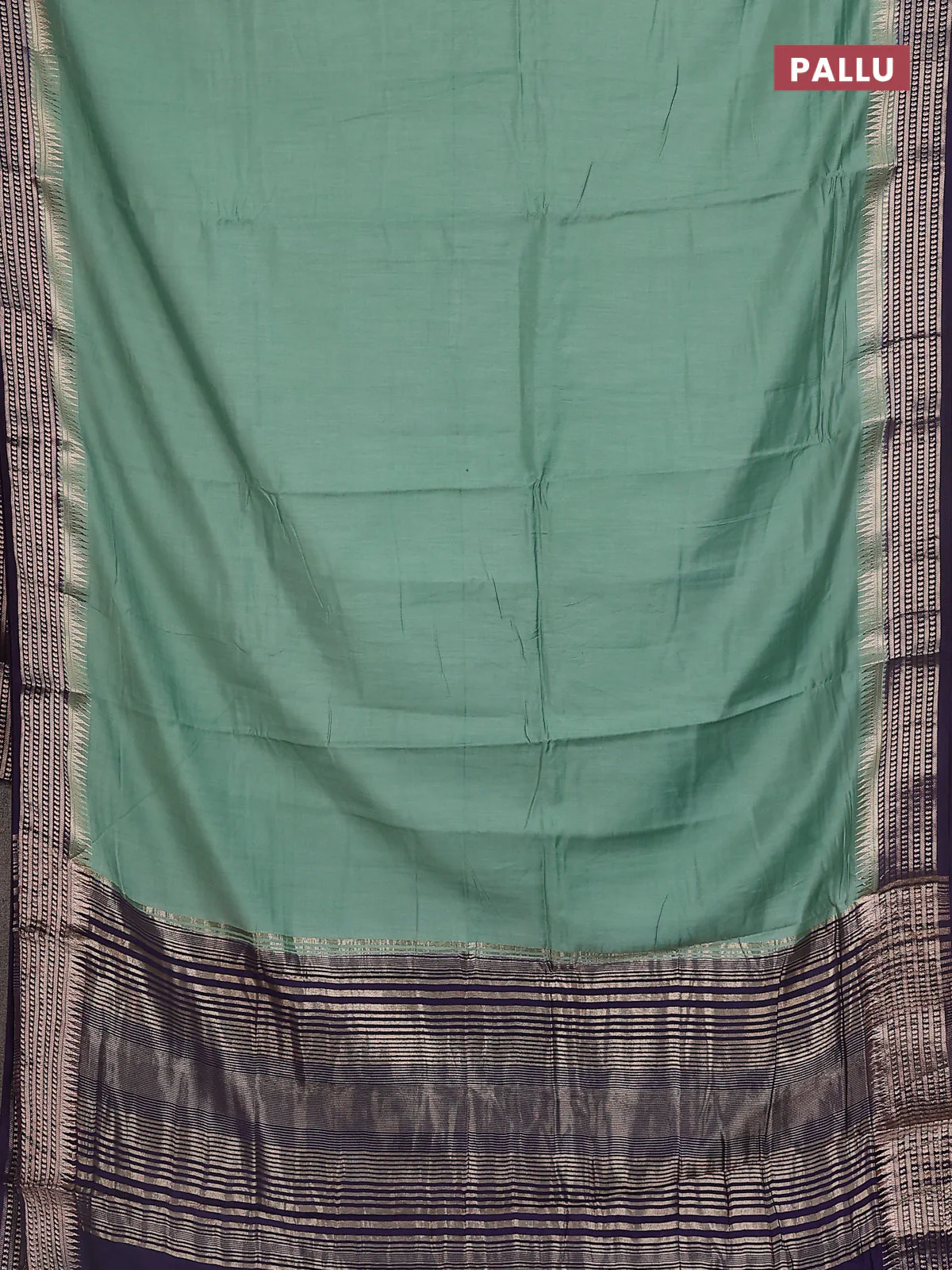 Semi mangalgiri saree pastel green and purple with plain body and zari woven border - Image 3