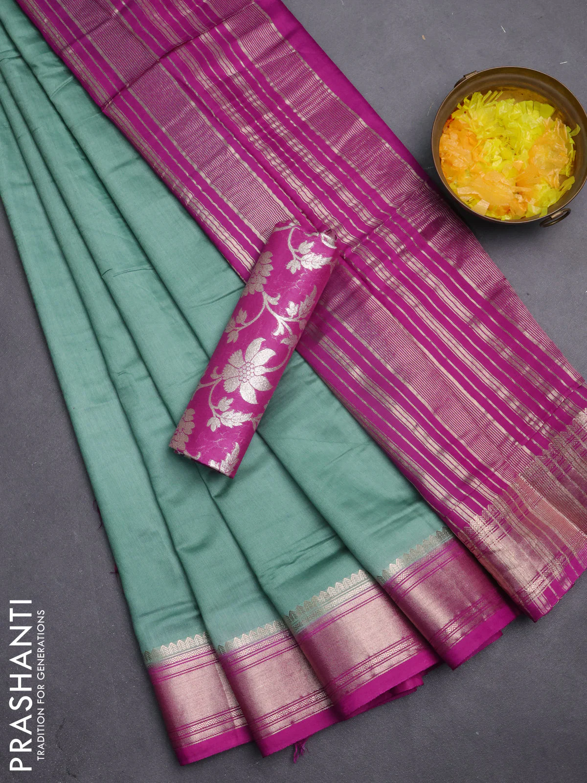 Semi mangalgiri saree pastel green and purple with plain body and zari woven border