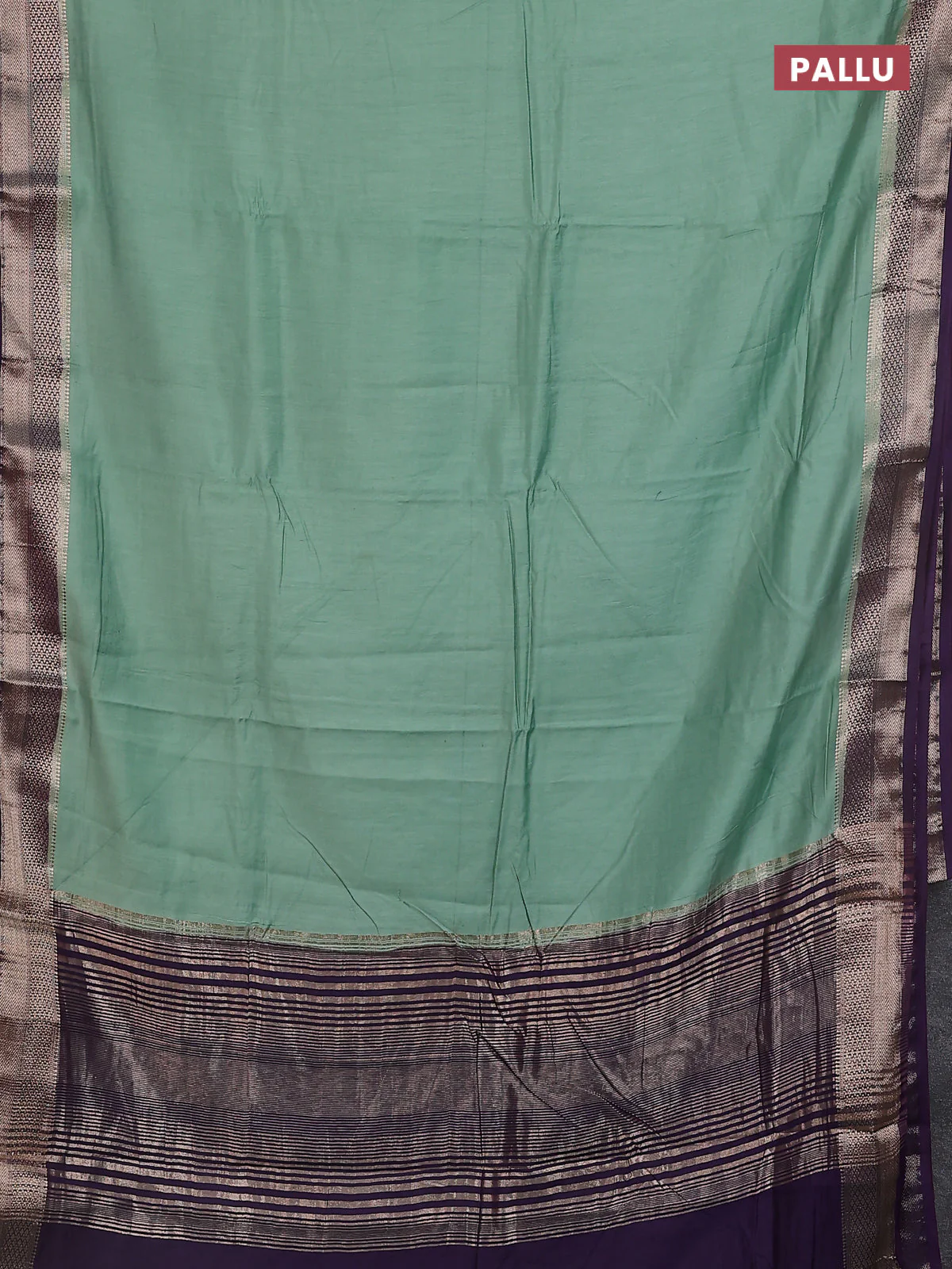 Semi mangalgiri saree pastel green and purple with plain body and zari woven border - Image 3